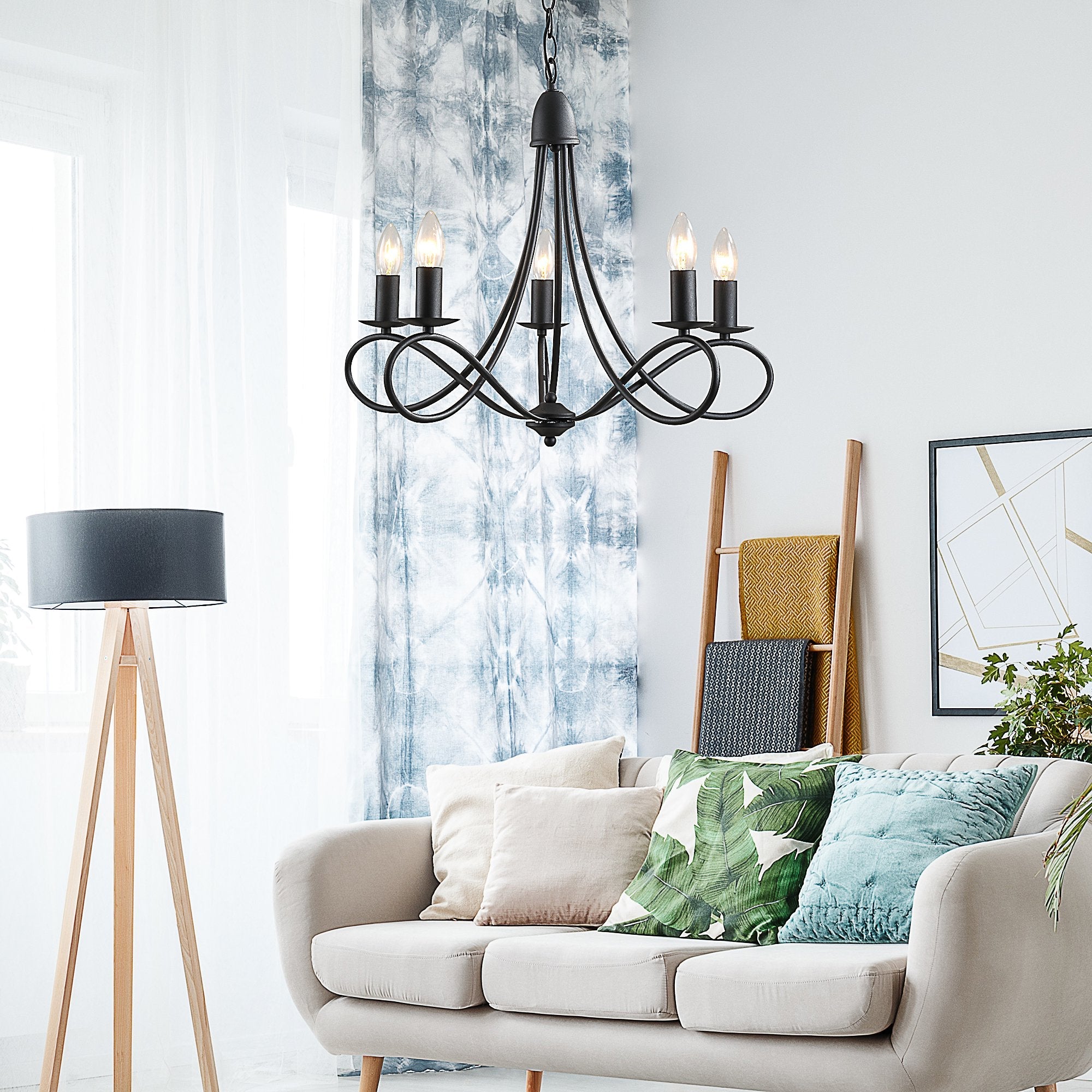 Easycomfort Lampadario a Soffitto Stile Rustico, Acciaio Intrecciato black with 5 Candelieri Regolabili e Pieghevoli ?58 x 45cm