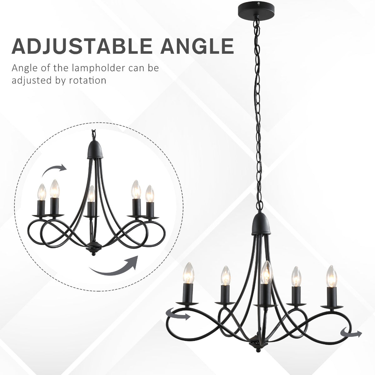 Easycomfort Lampadario a Soffitto Stile Rustico, Acciaio Intrecciato black with 5 Candelieri Regolabili e Pieghevoli ?58 x 45cm