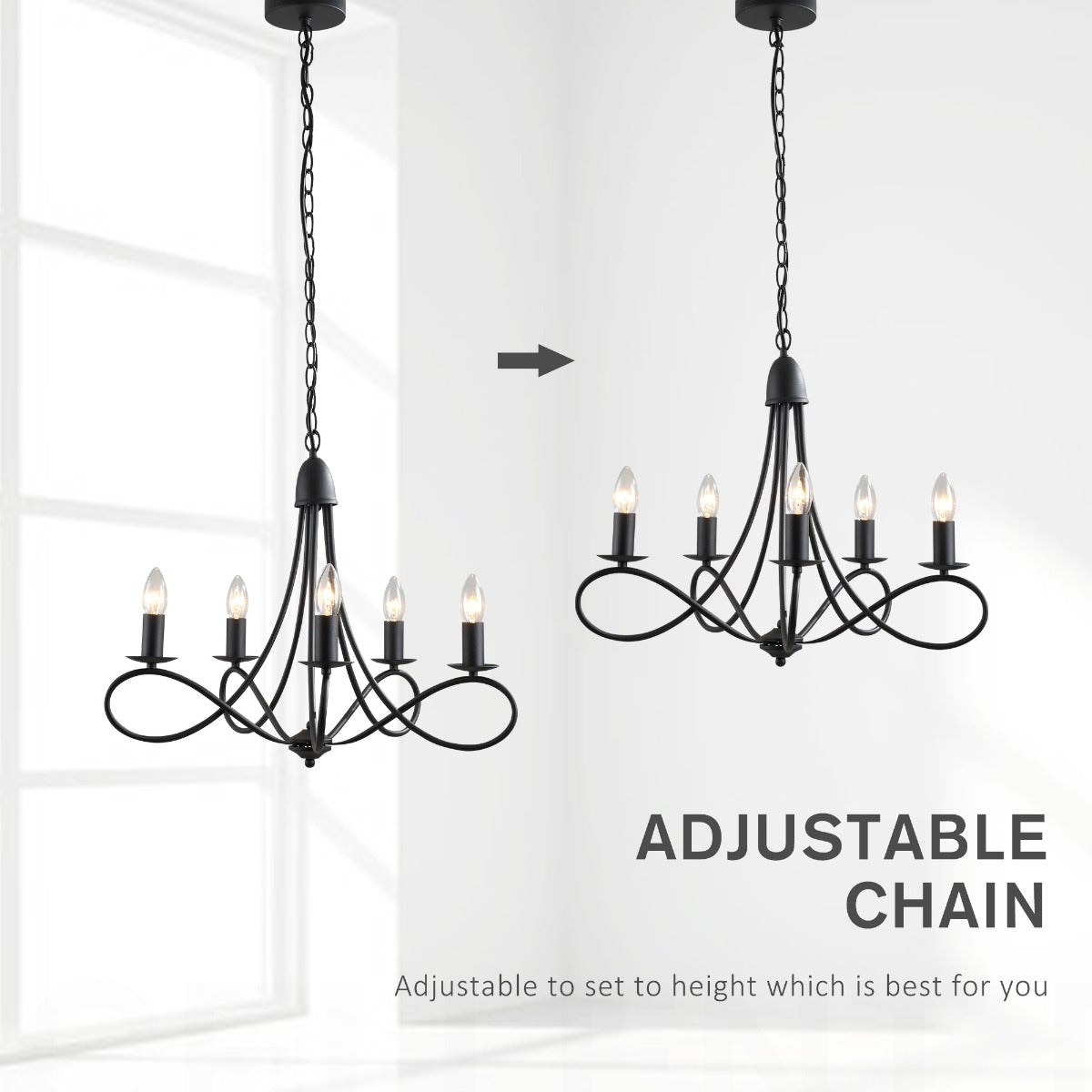 Easycomfort Lampadario a Soffitto Stile Rustico, Acciaio Intrecciato black with 5 Candelieri Regolabili e Pieghevoli ?58 x 45cm