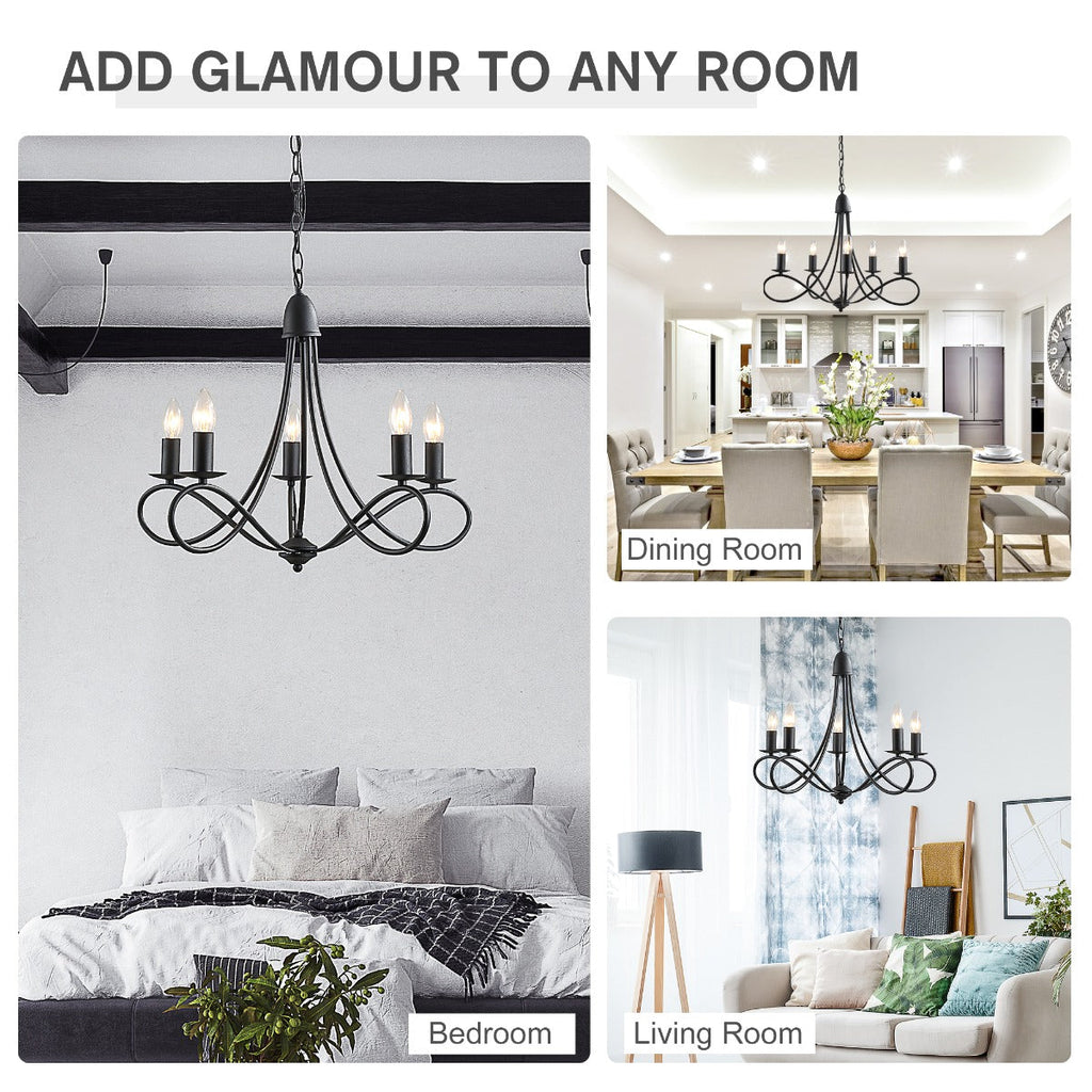 Easycomfort Lampadario a Soffitto Stile Rustico, Acciaio Intrecciato black with 5 Candelieri Regolabili e Pieghevoli ?58 x 45cm