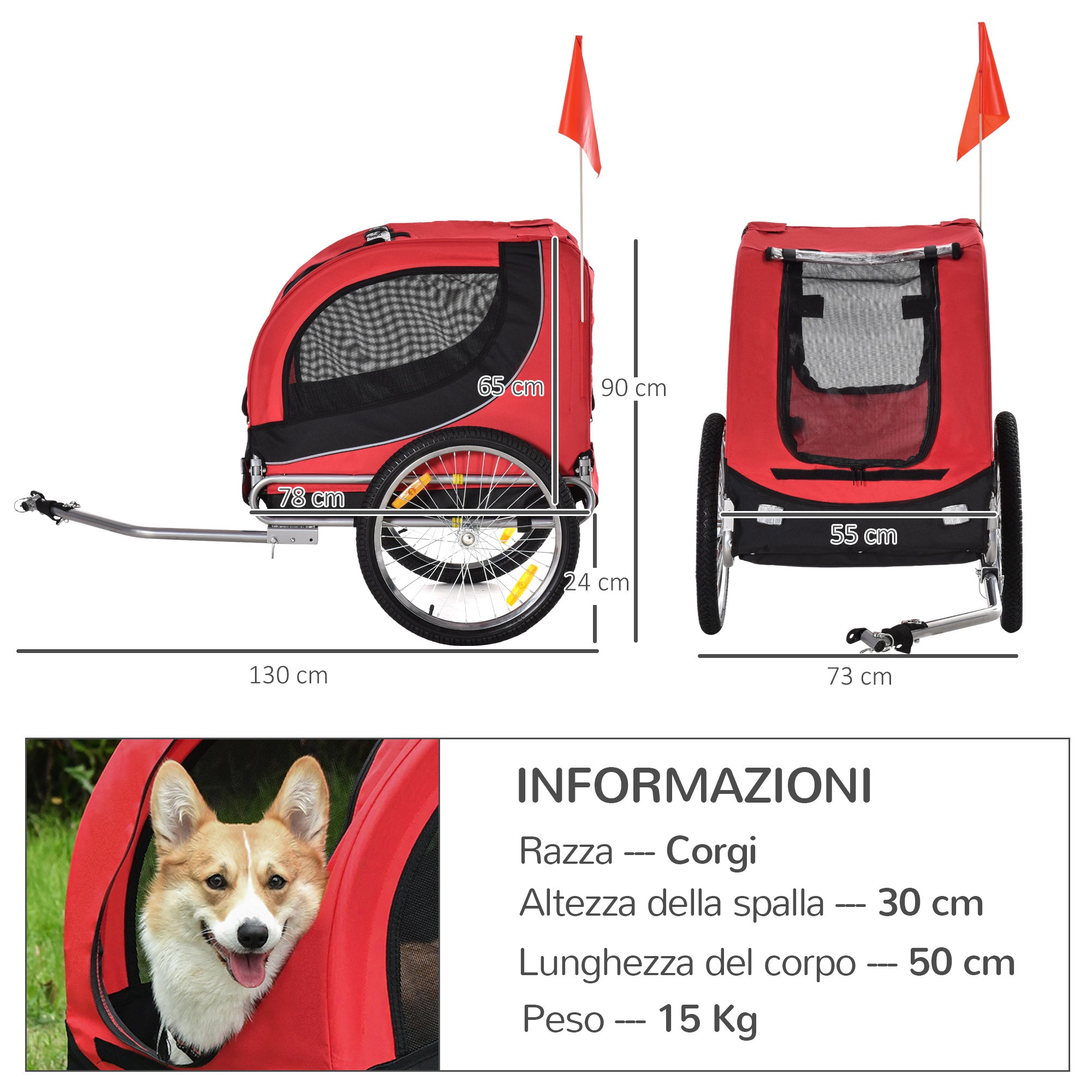 EasyComfort Fietskar voor honden 30 kg 130x73x90 cm rood/zwart