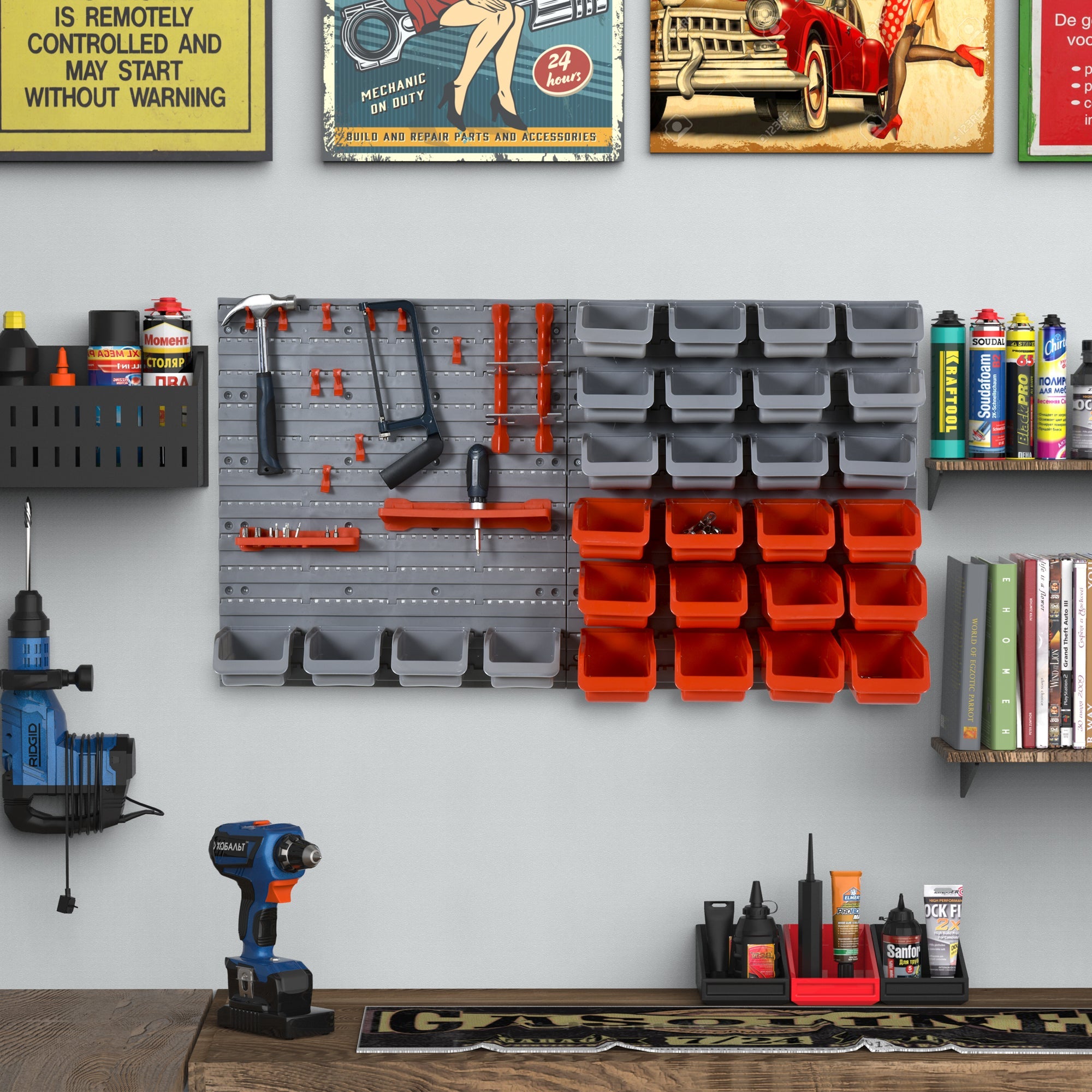 EASYCOMFORT 44PCS Adjustable and Removable Tool Container Boxes, Wall Mounted, PP, Red Grey, 54x22x95cm