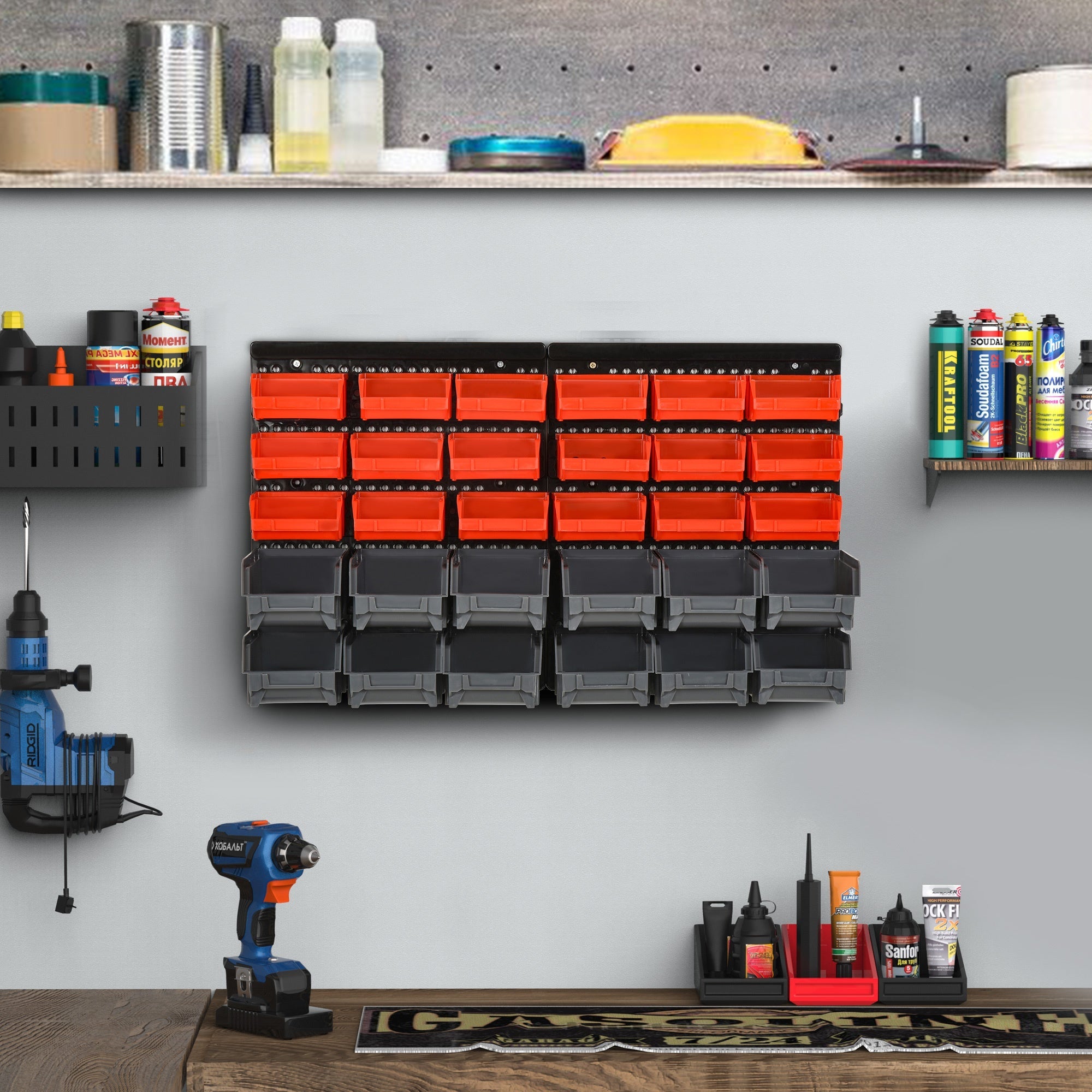 EASYCOMFORT Tool Holder Panel with 30 Adjustable and Removable Containers, Wall Mounting, PP, Red Gray Black, 37.5x18x63cm