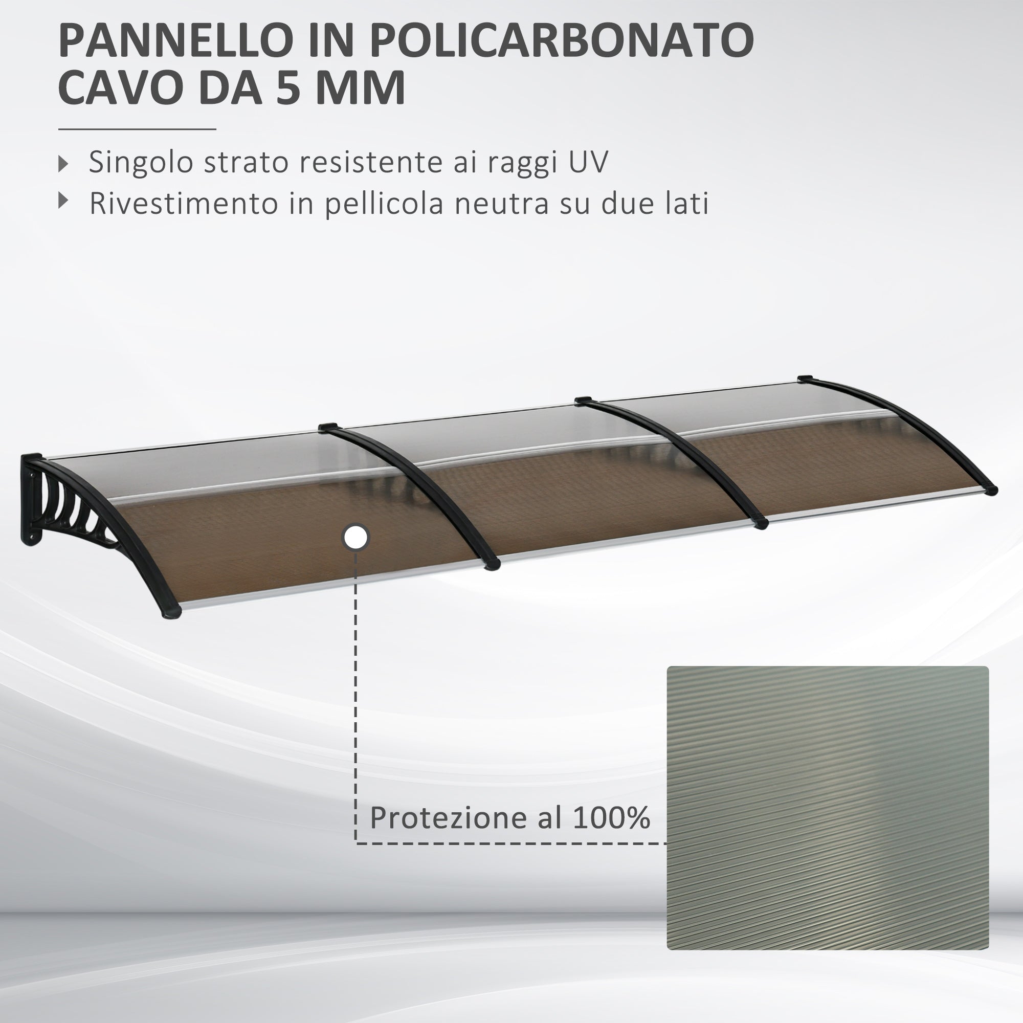 Easycomfort Pensilina da Esterno per Finestre e Porte, in Policarbonato e Alluminio, 303x100x26cm - Marrone