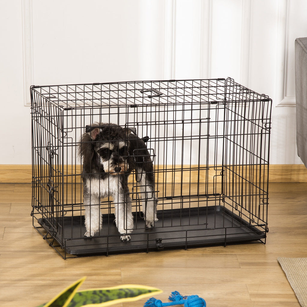 EASYCOMFORT Pet Cage Carrier for Dogs and Cats Foldable Steel Double Opening 76 × 46 × 52cm Black
