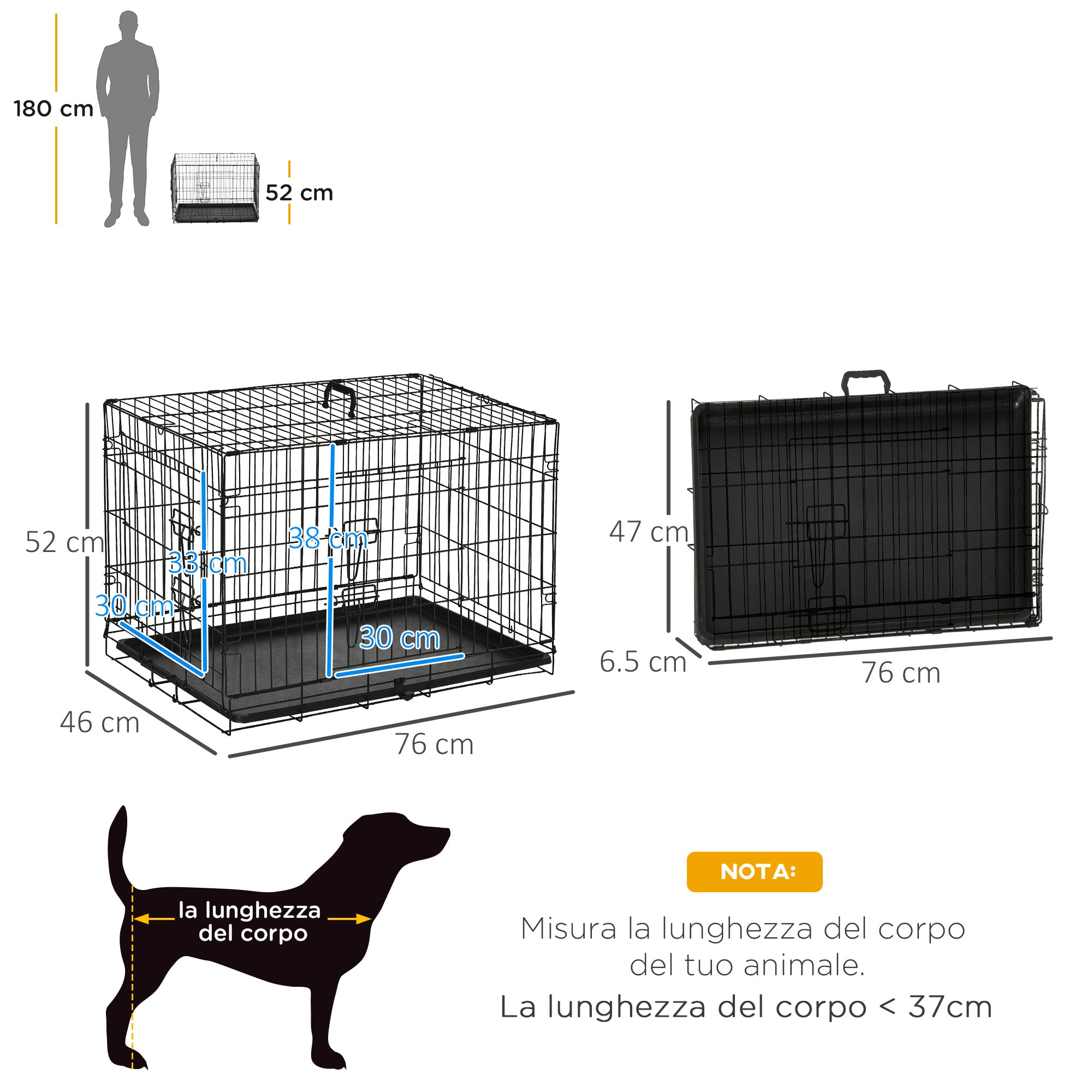 EASYCOMFORT Pet Cage Carrier for Dogs and Cats Foldable Steel Double Opening 76 × 46 × 52cm Black