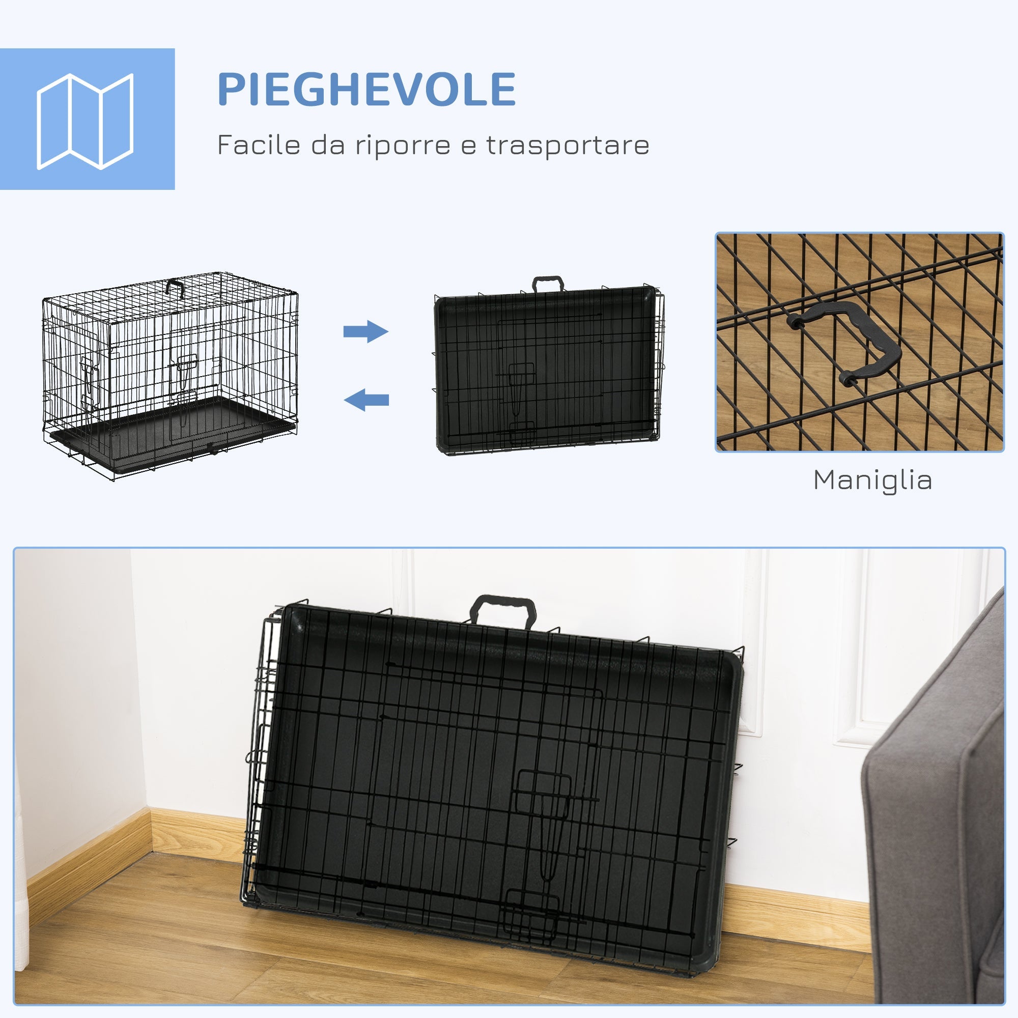 EASYCOMFORT Pet Cage Carrier for Dogs and Cats Foldable Steel Double Opening 76 × 46 × 52cm Black