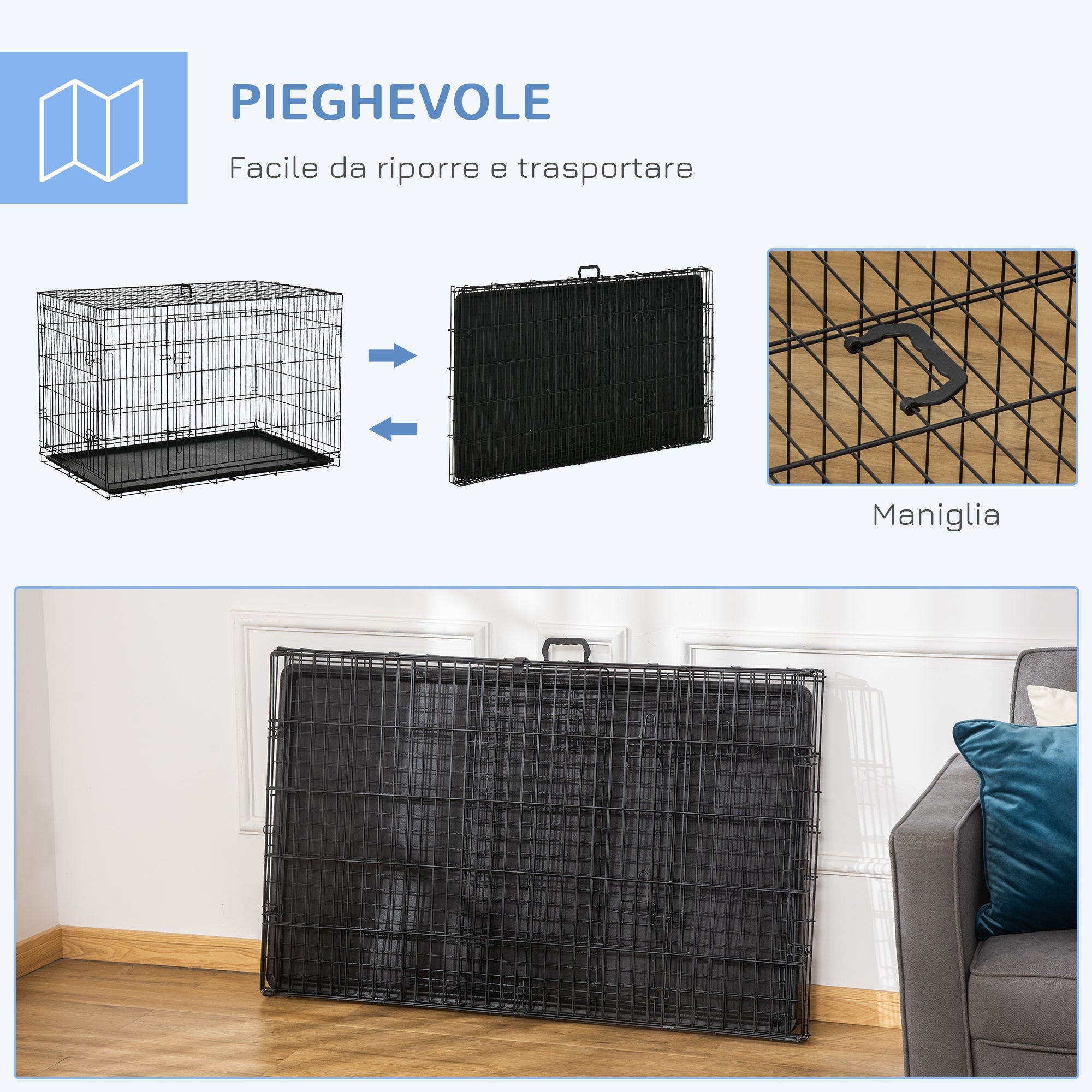 EASYCOMFORT Pet Cage Carrier for Dogs and Cats Foldable Steel Double Opening 121 × 77 × 82cm Black
