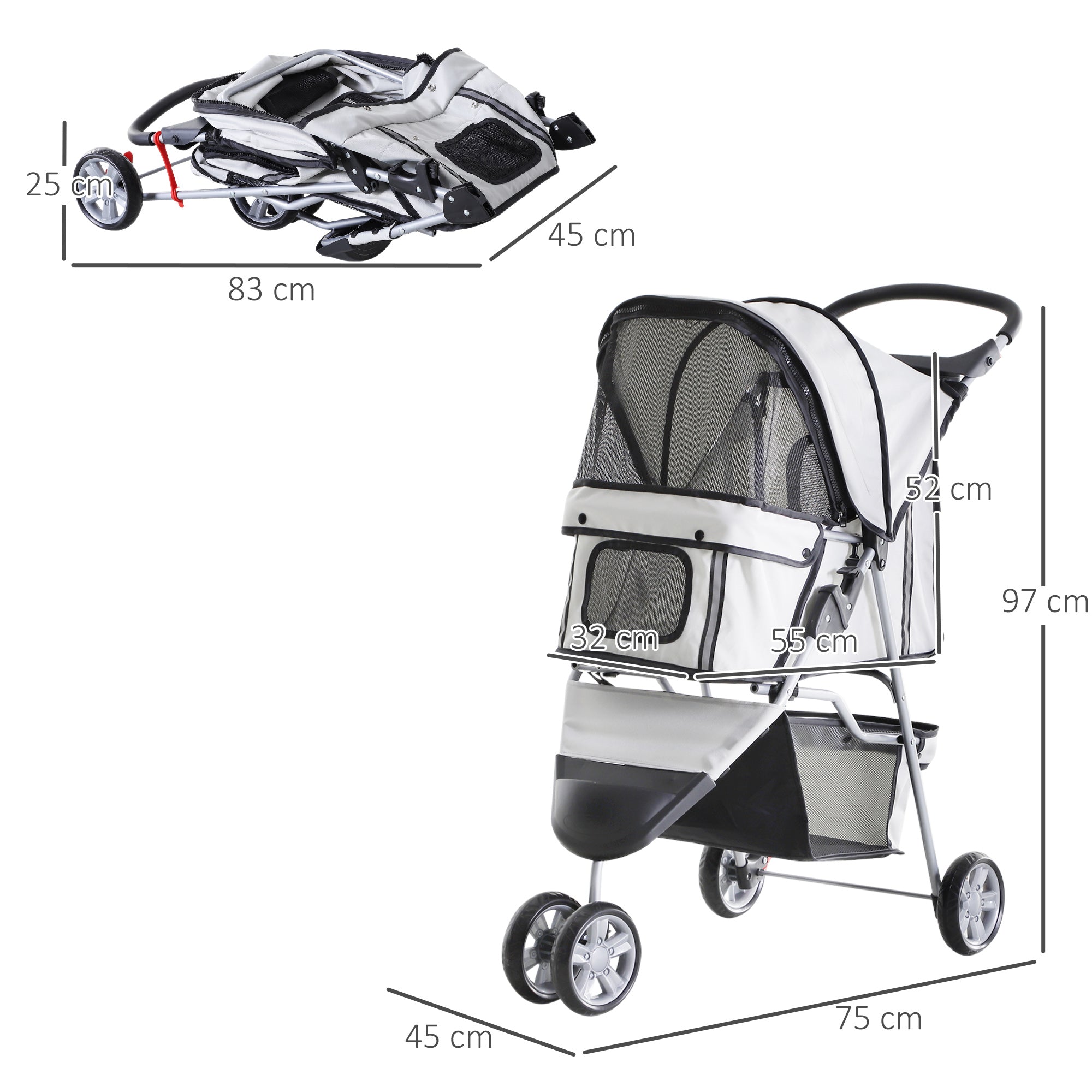 EASYCOMFORT Folding Dog Stroller Pet Trolley Cart Pram Gray 75 x 45 x 97cm