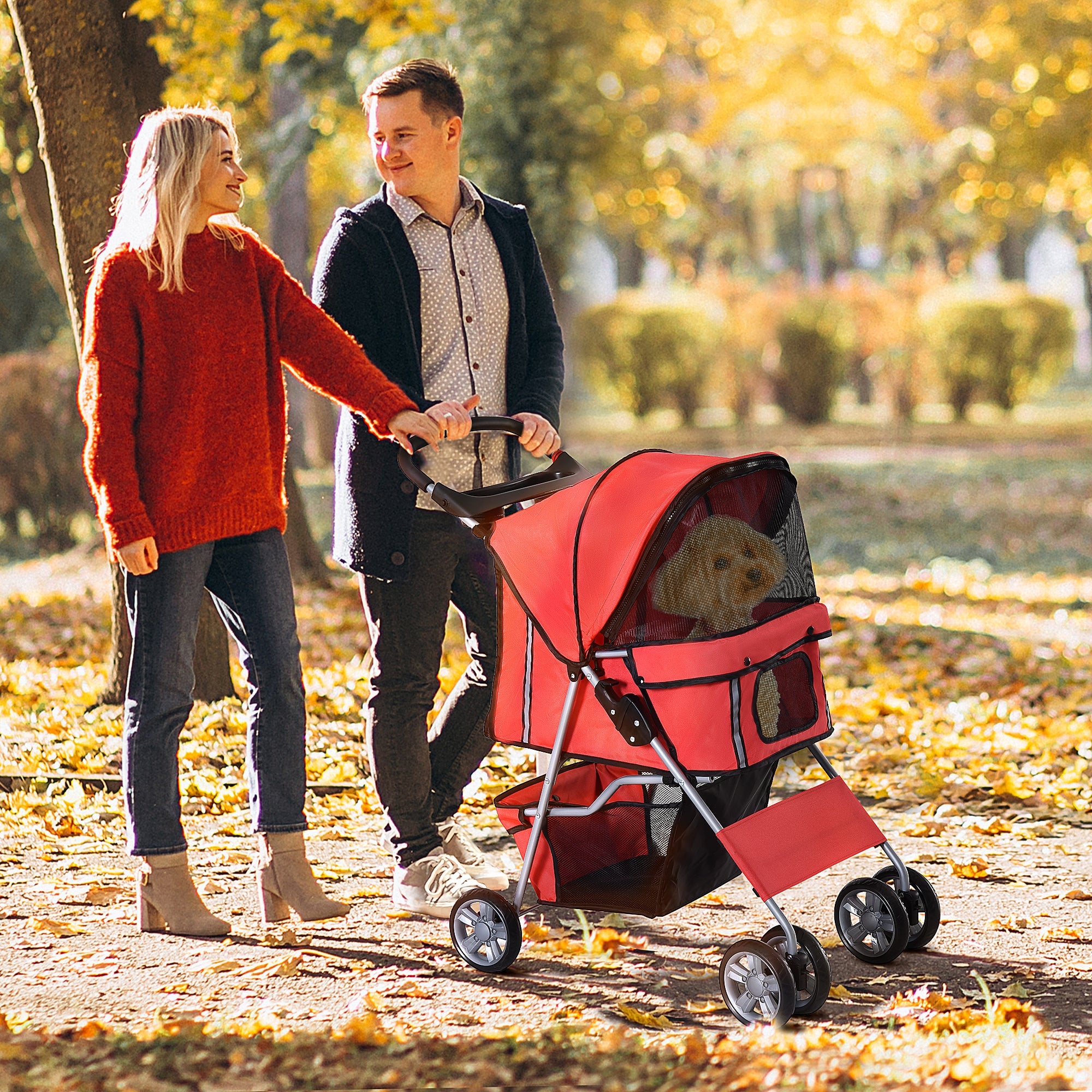 EASYCOMFORT Foldable Dog Stroller, Pet Trolley, Red, 75 x 45 x 97cm
