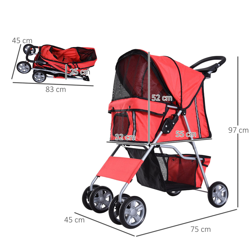 EASYCOMFORT Foldable Dog Stroller, Pet Trolley, Red, 75 x 45 x 97cm
