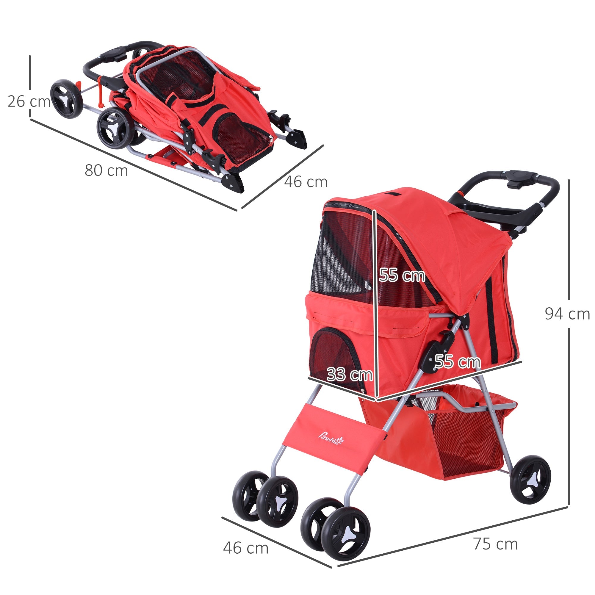 EASYCOMFORT Foldable Pet Stroller, Red, 75 x 46 x 94 cm