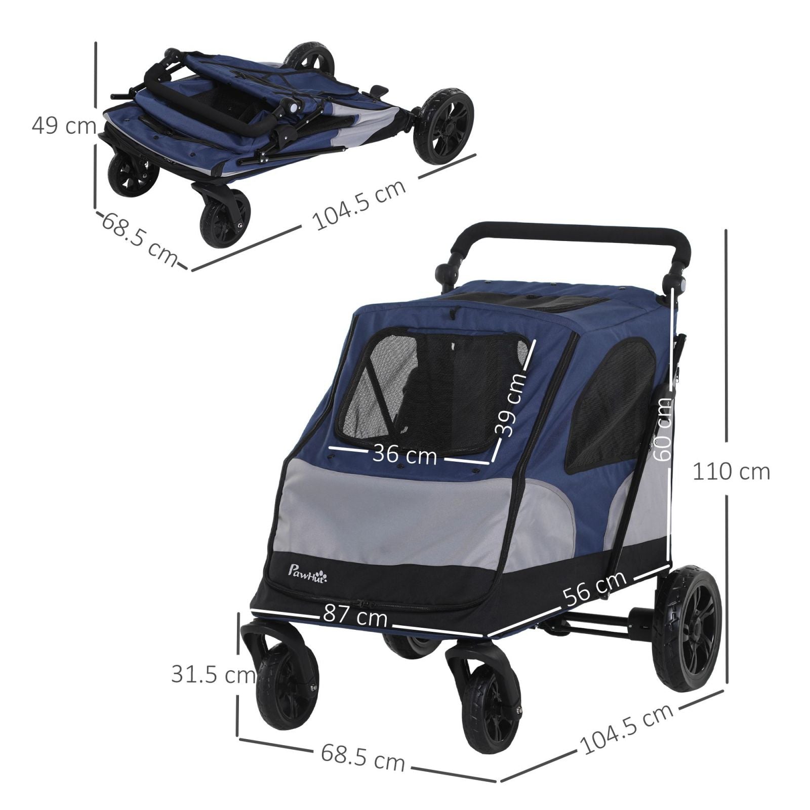 EasyComfort vouwhondenwagen tot 30 kg, verstelbaar stuur, grijs/blauw
