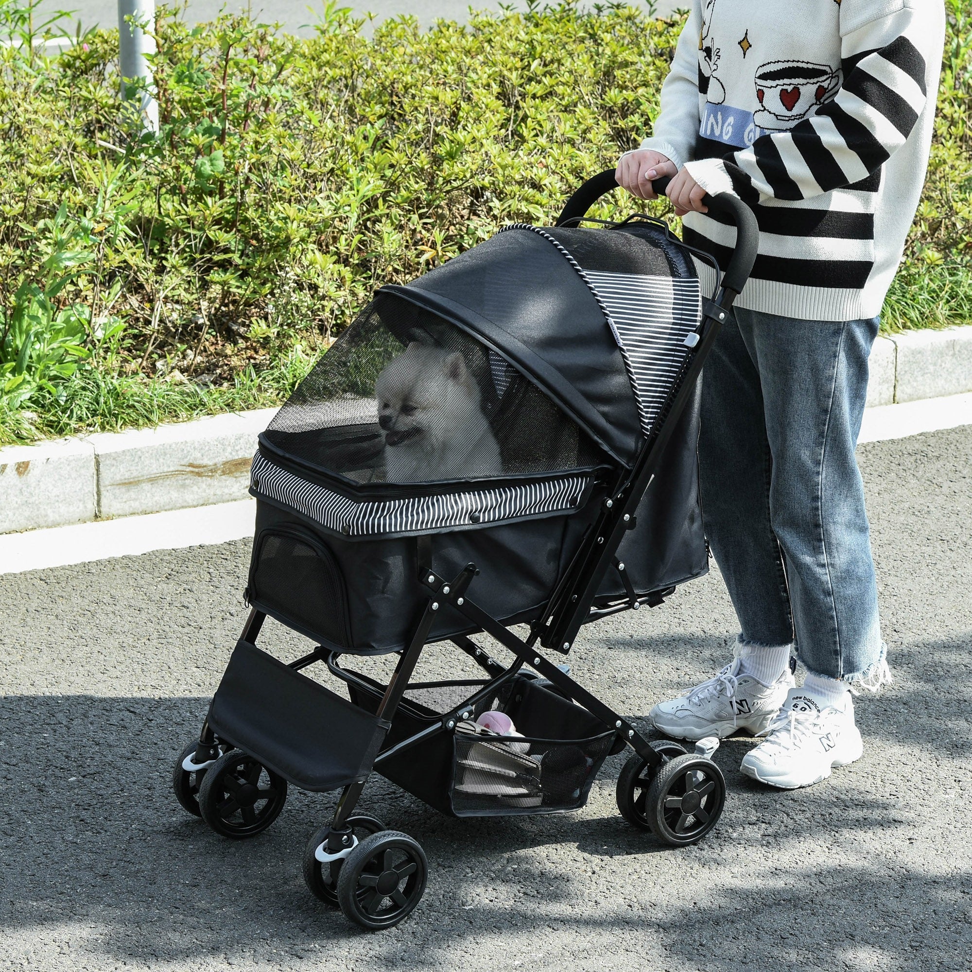 EASYCOMFORT Foldable Stroller for Small Dogs with Swivel Handle and Storage Basket, Black