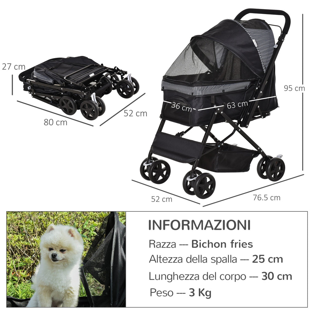 EASYCOMFORT Foldable Stroller for Small Dogs with Swivel Handle and Storage Basket, Black