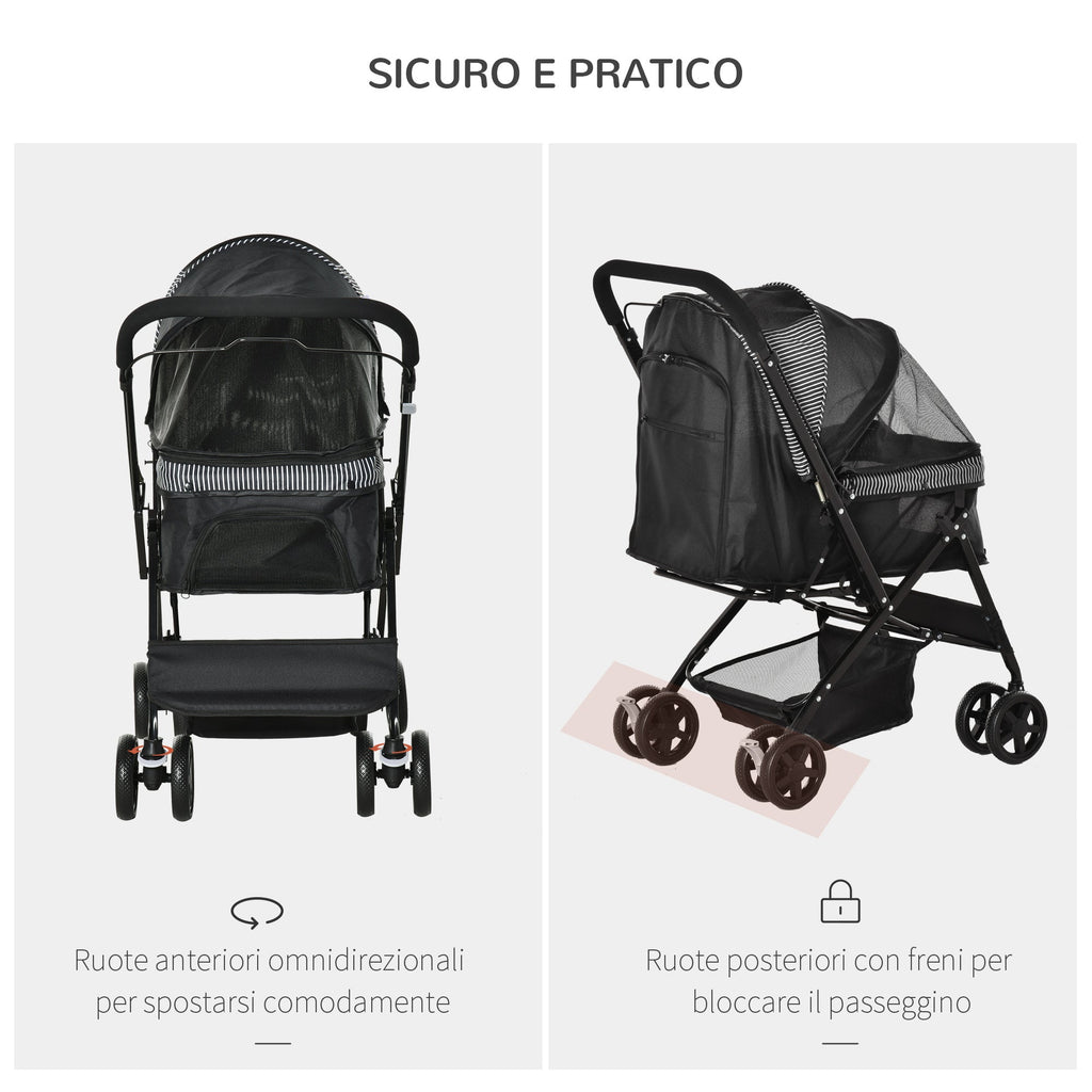 EASYCOMFORT Foldable Stroller for Small Dogs with Swivel Handle and Storage Basket, Black