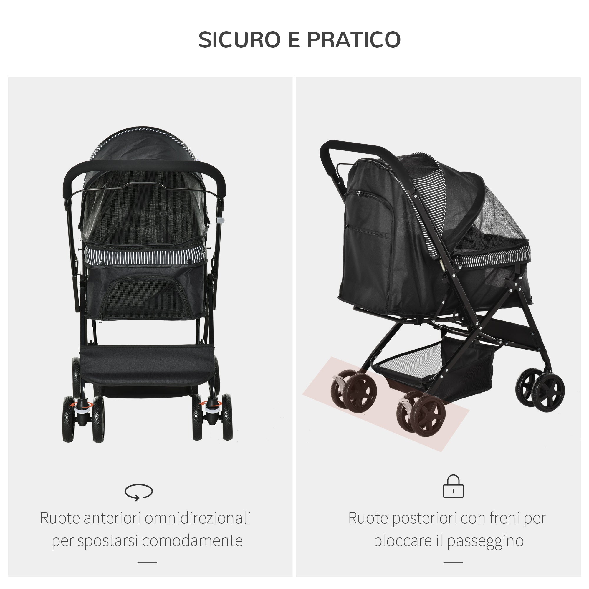 EASYCOMFORT Foldable Stroller for Small Dogs with Swivel Handle and Storage Basket, Black
