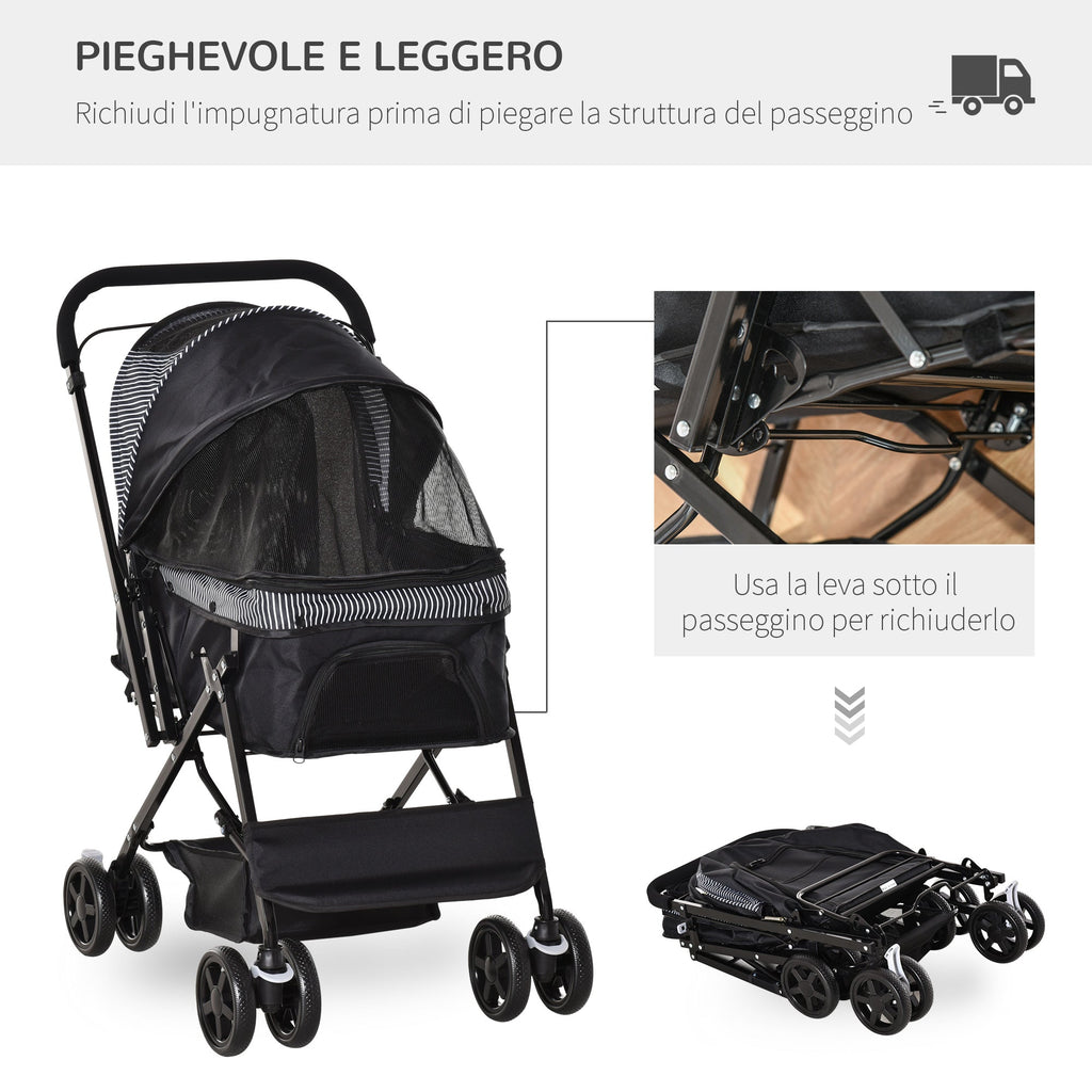 EASYCOMFORT Foldable Stroller for Small Dogs with Swivel Handle and Storage Basket, Black