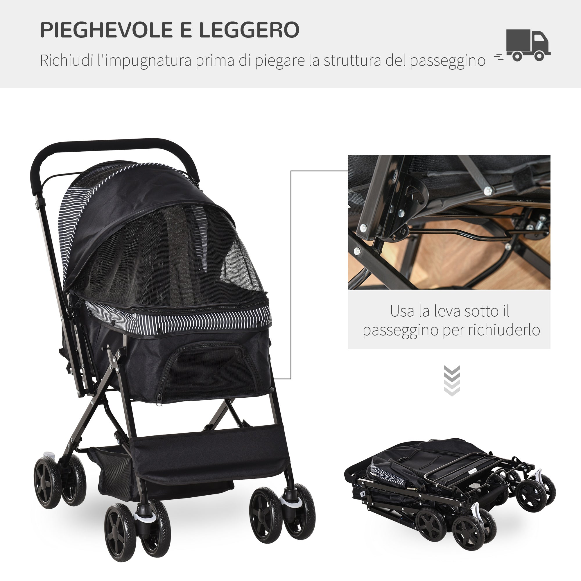 EASYCOMFORT Foldable Stroller for Small Dogs with Swivel Handle and Storage Basket, Black