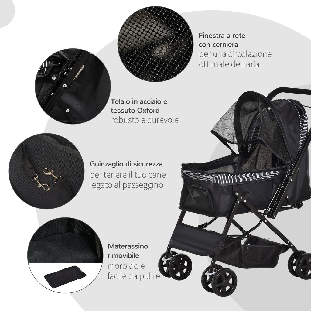 EASYCOMFORT Foldable Stroller for Small Dogs with Swivel Handle and Storage Basket, Black
