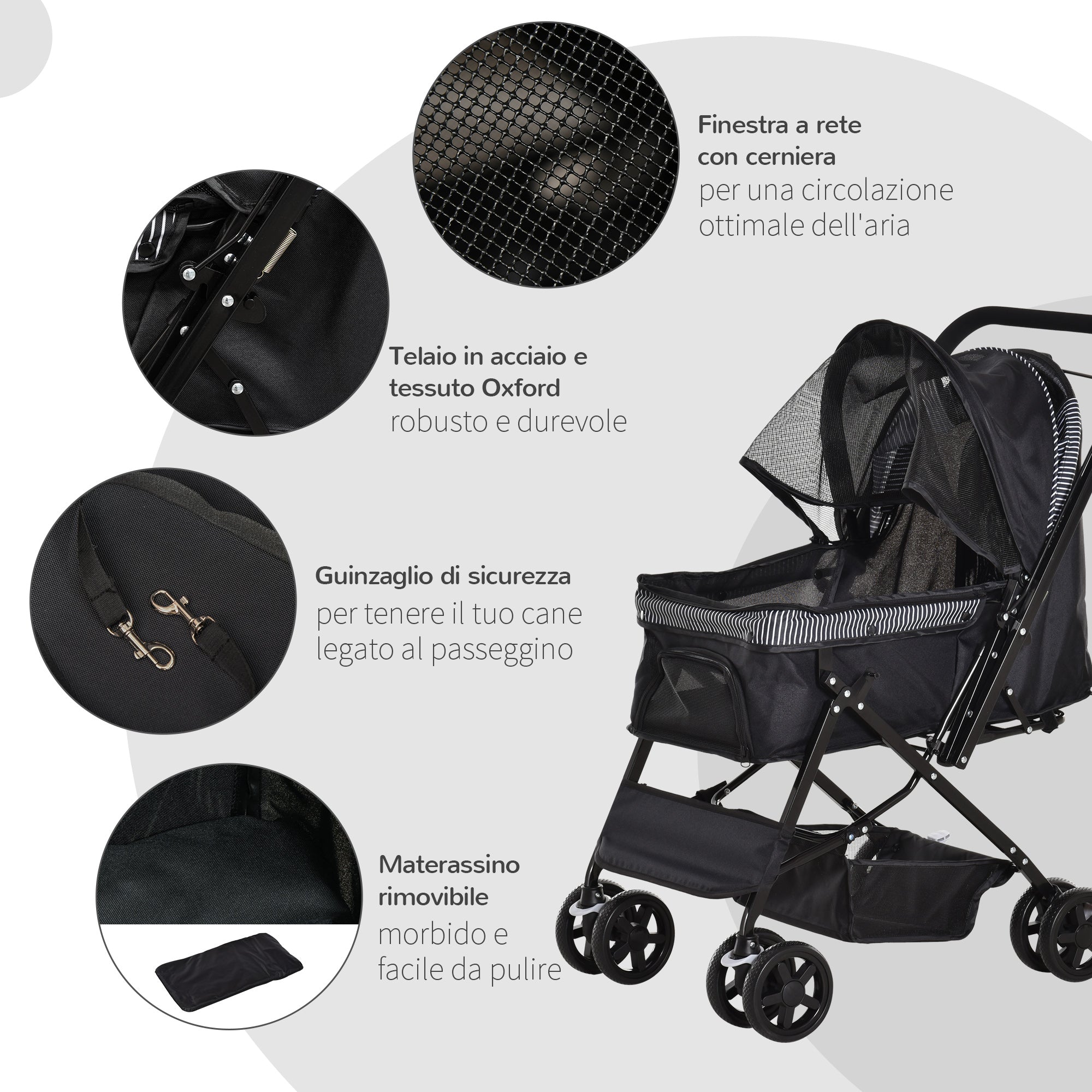 EASYCOMFORT Foldable Stroller for Small Dogs with Swivel Handle and Storage Basket, Black