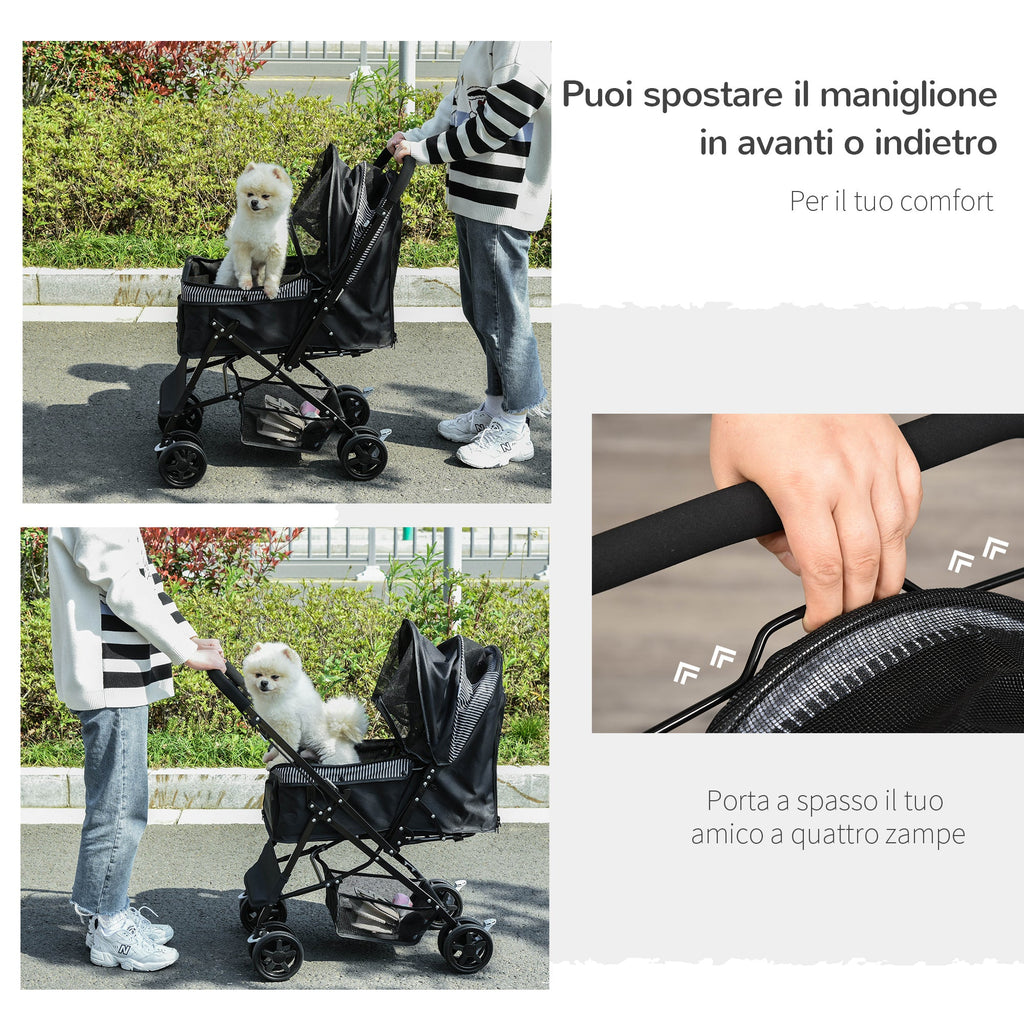 EASYCOMFORT Foldable Stroller for Small Dogs with Swivel Handle and Storage Basket, Black