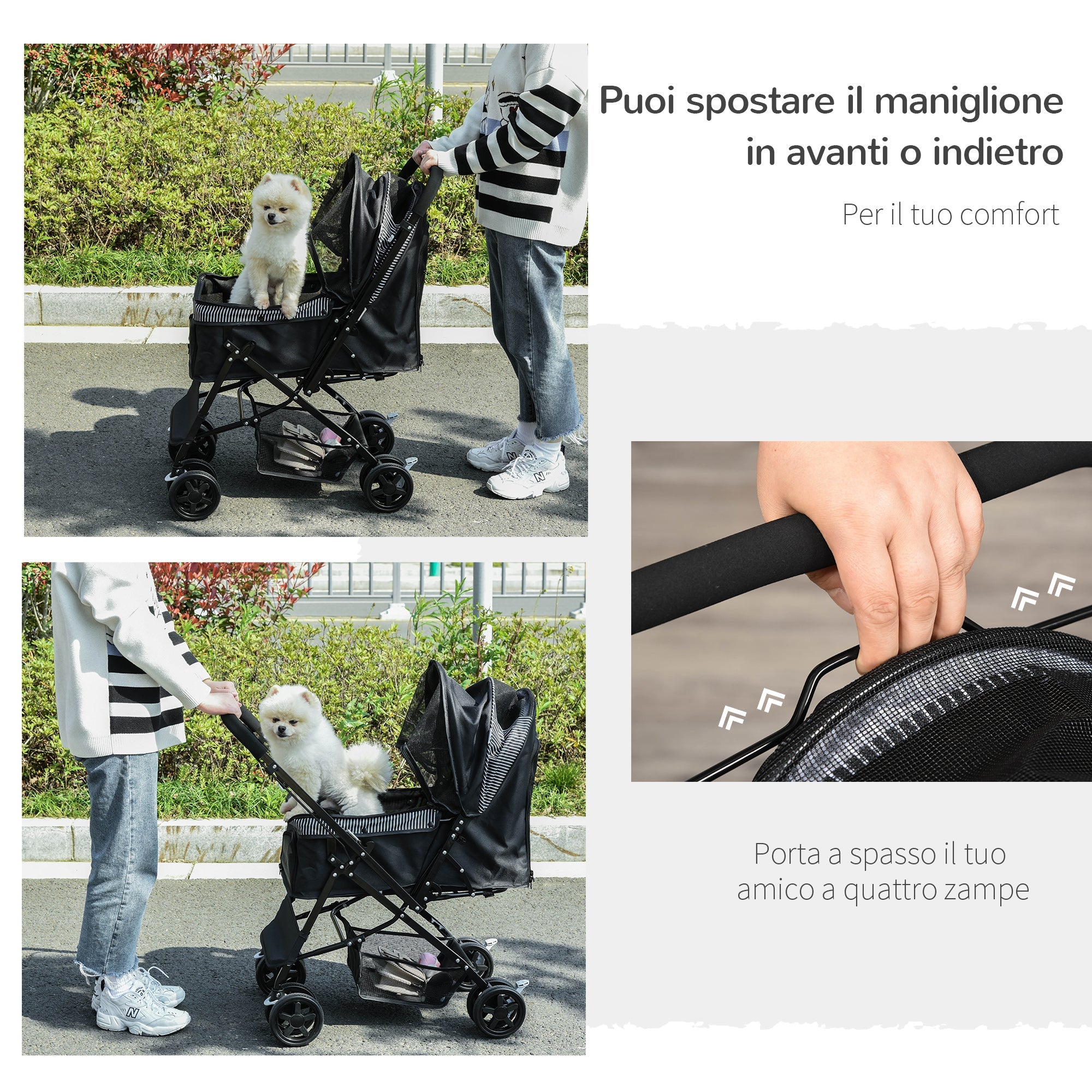 EASYCOMFORT Foldable Stroller for Small Dogs with Swivel Handle and Storage Basket, Black