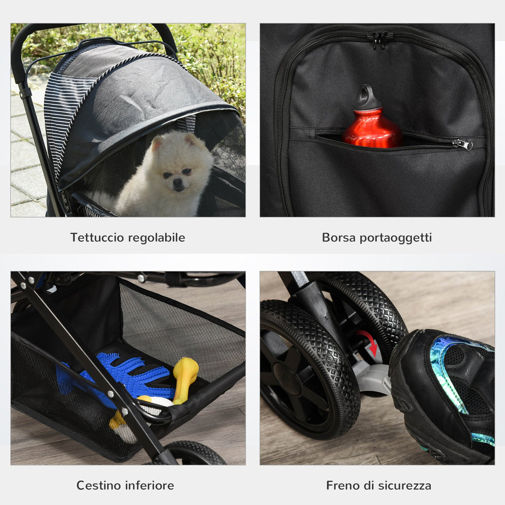 EASYCOMFORT Foldable Stroller for Small Dogs with Swivel Handle and Storage Basket, Black