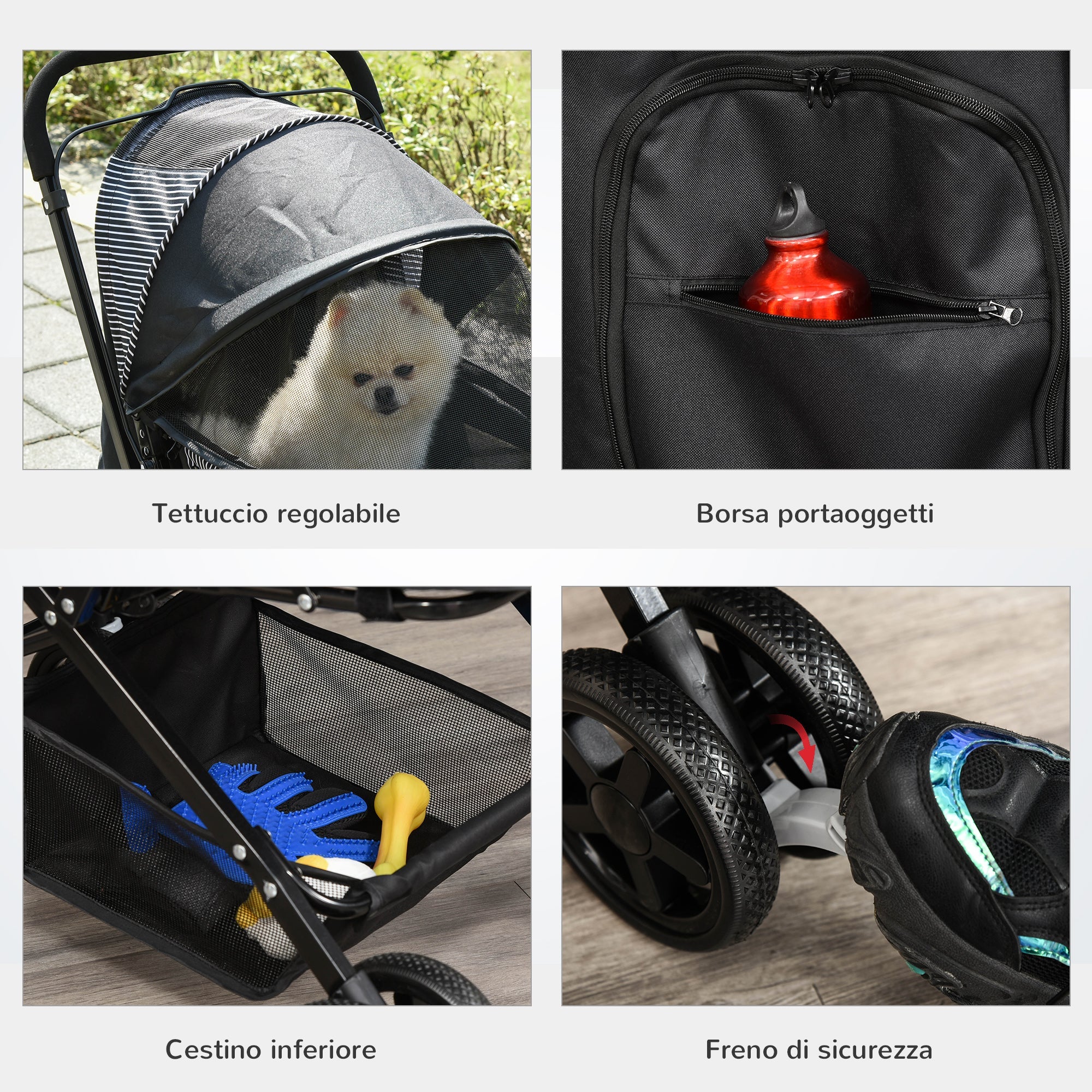 EASYCOMFORT Foldable Stroller for Small Dogs with Swivel Handle and Storage Basket, Black
