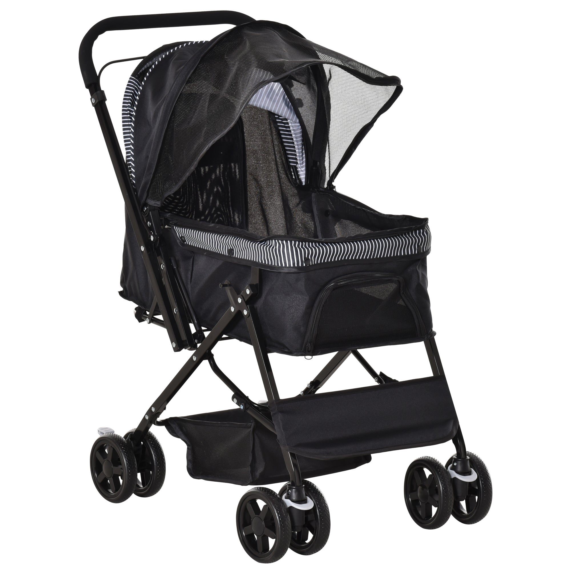 EASYCOMFORT Foldable Stroller for Small Dogs with Swivel Handle and Storage Basket, Black