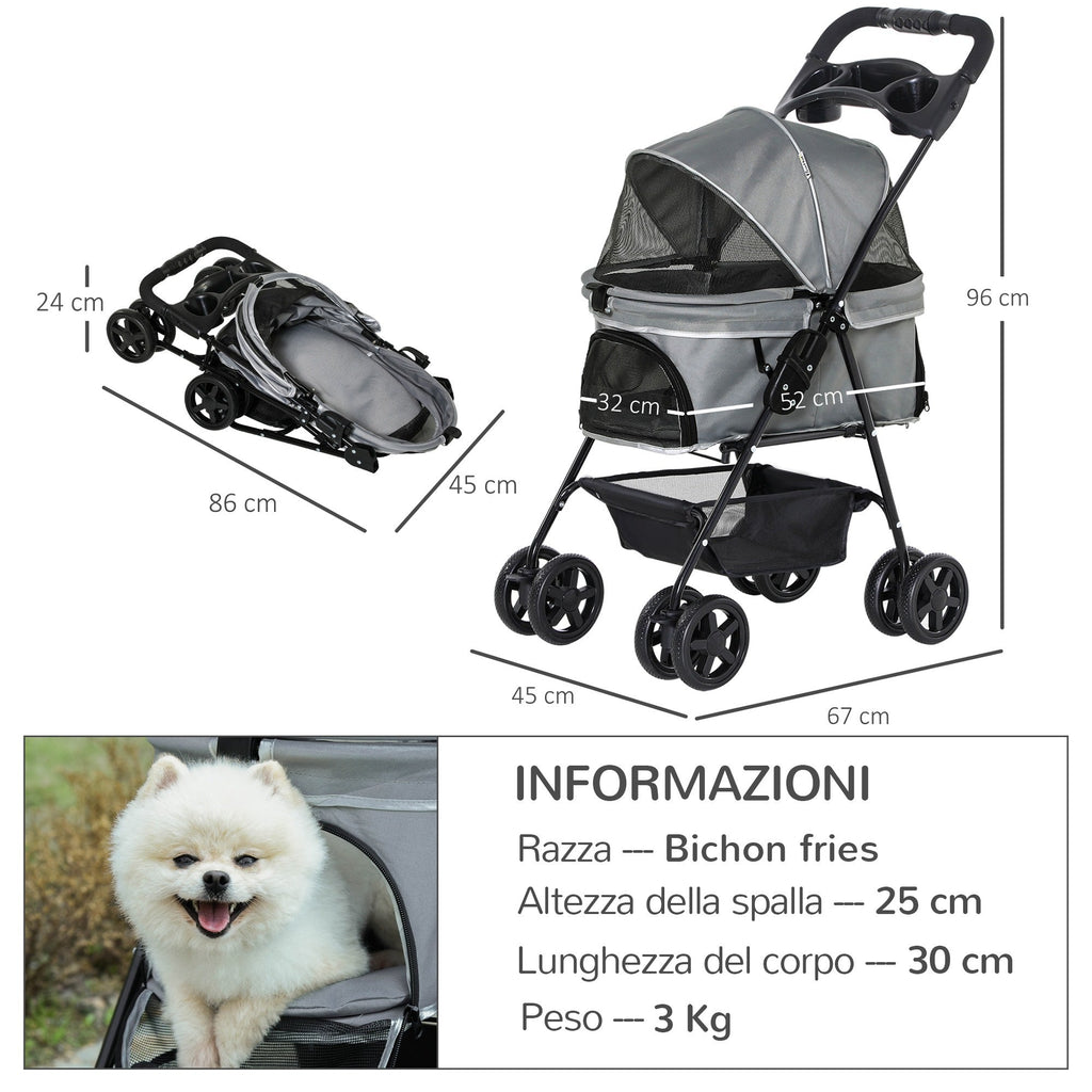 EASYCOMFORT Foldable Dog Stroller with Safety Leash and Storage Basket, Gray