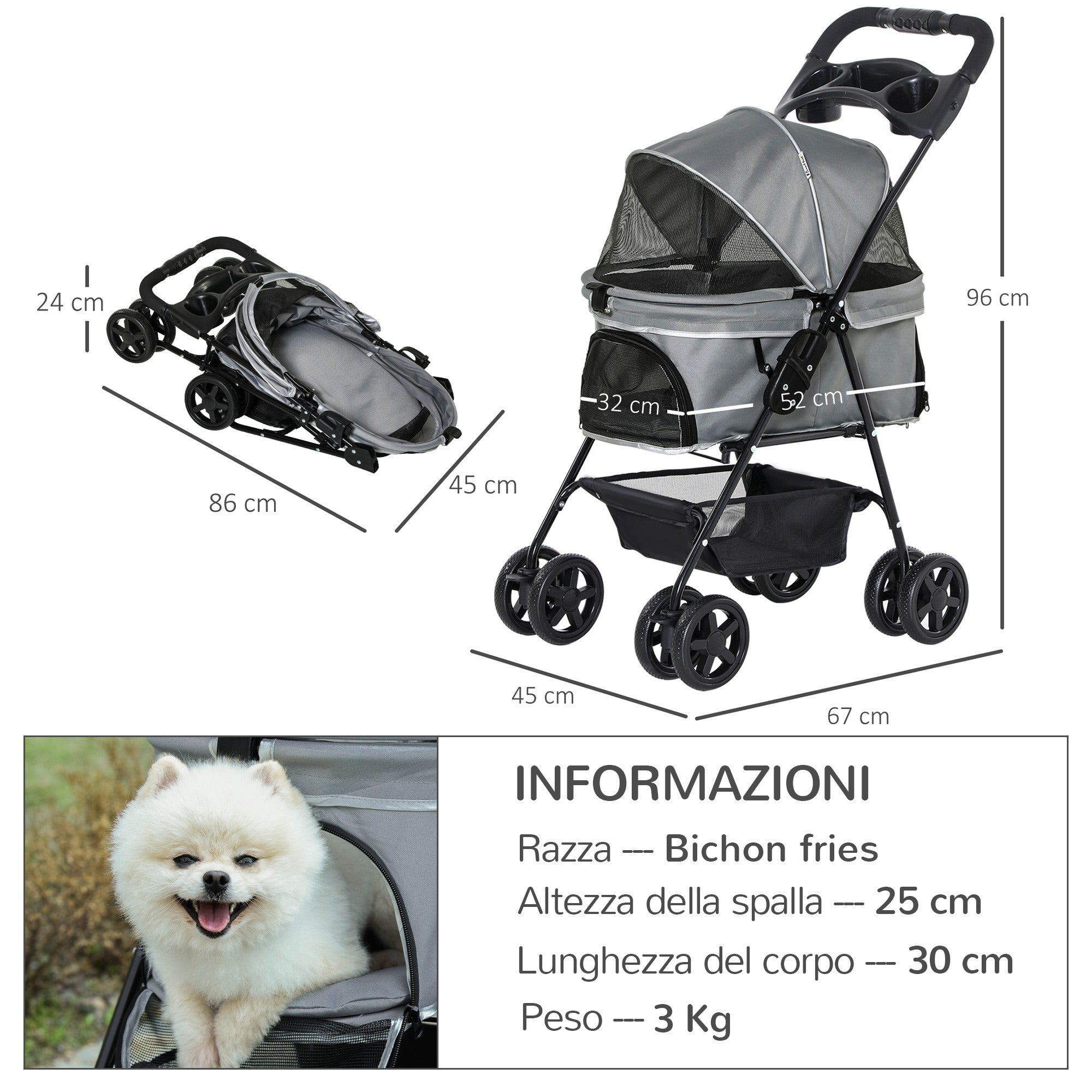 EASYCOMFORT Foldable Dog Stroller with Safety Leash and Storage Basket, Gray