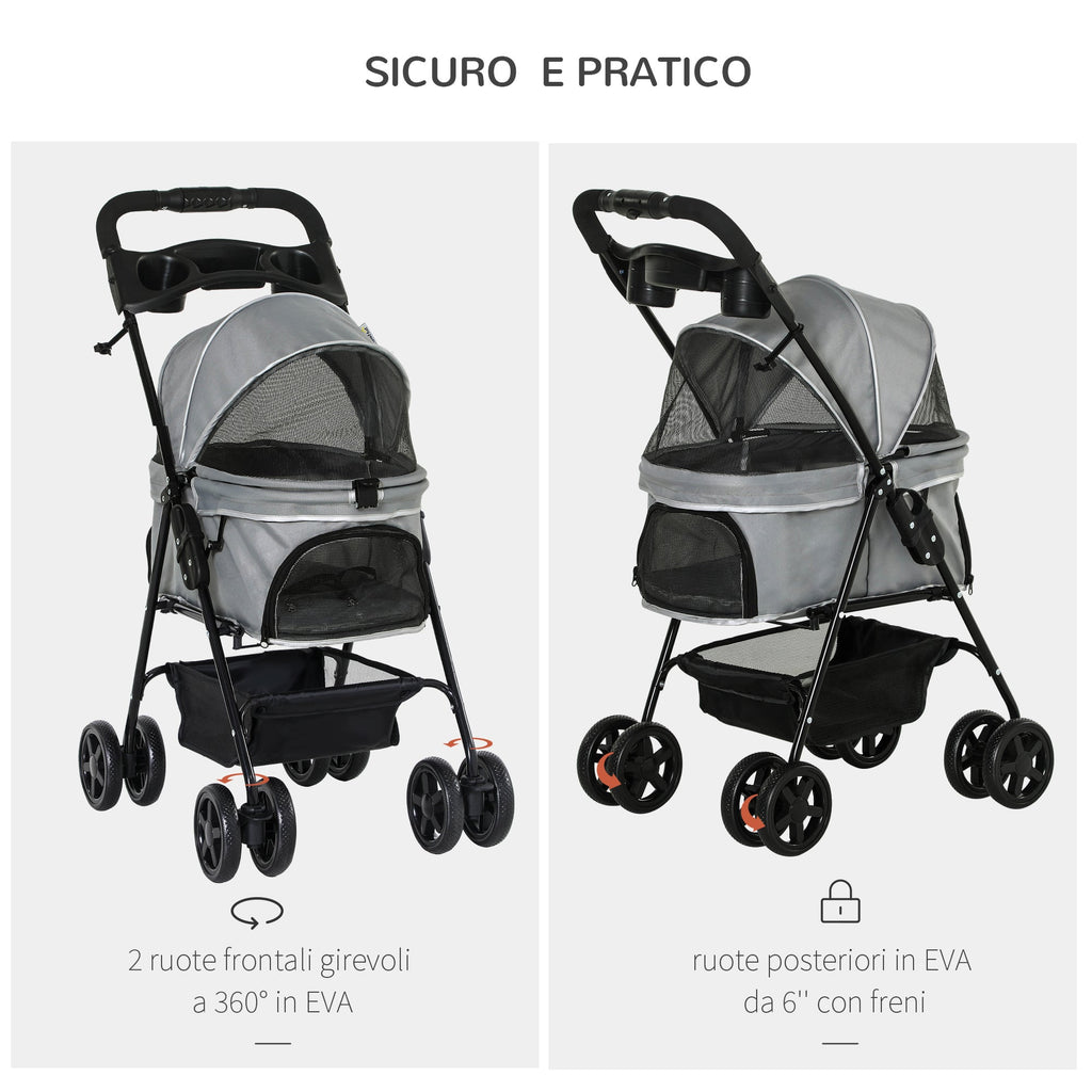 EASYCOMFORT Foldable Dog Stroller with Safety Leash and Storage Basket, Gray
