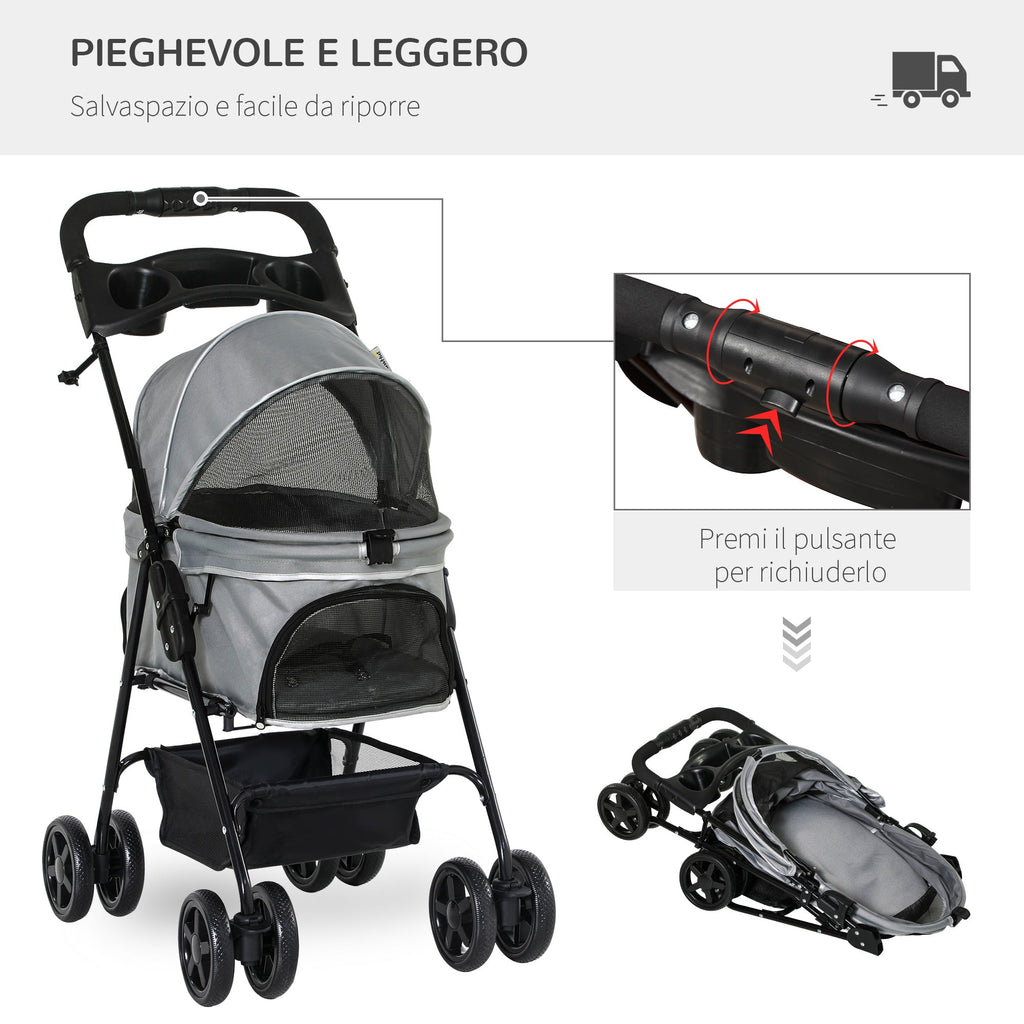 EASYCOMFORT Foldable Dog Stroller with Safety Leash and Storage Basket, Gray