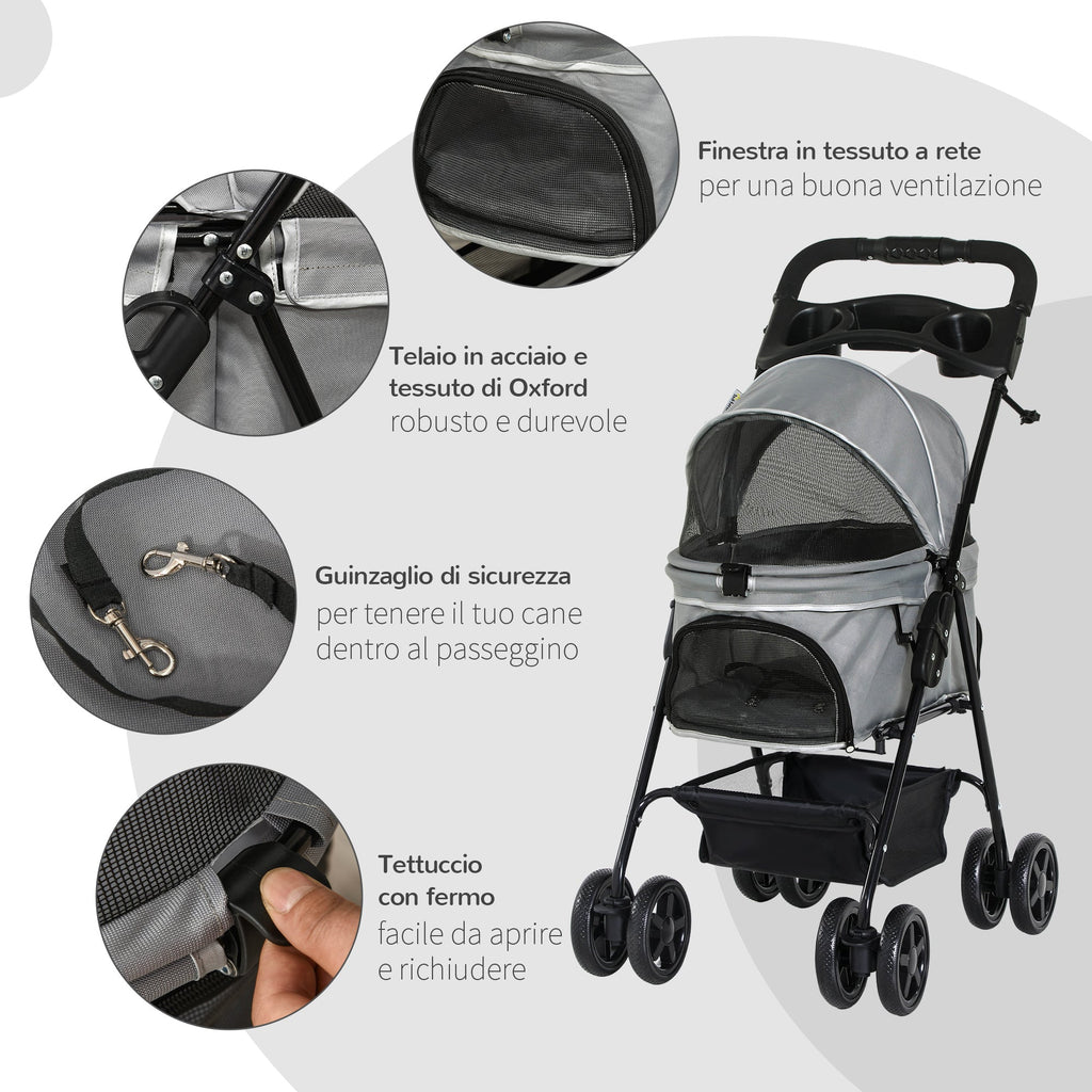 EASYCOMFORT Foldable Dog Stroller with Safety Leash and Storage Basket, Gray