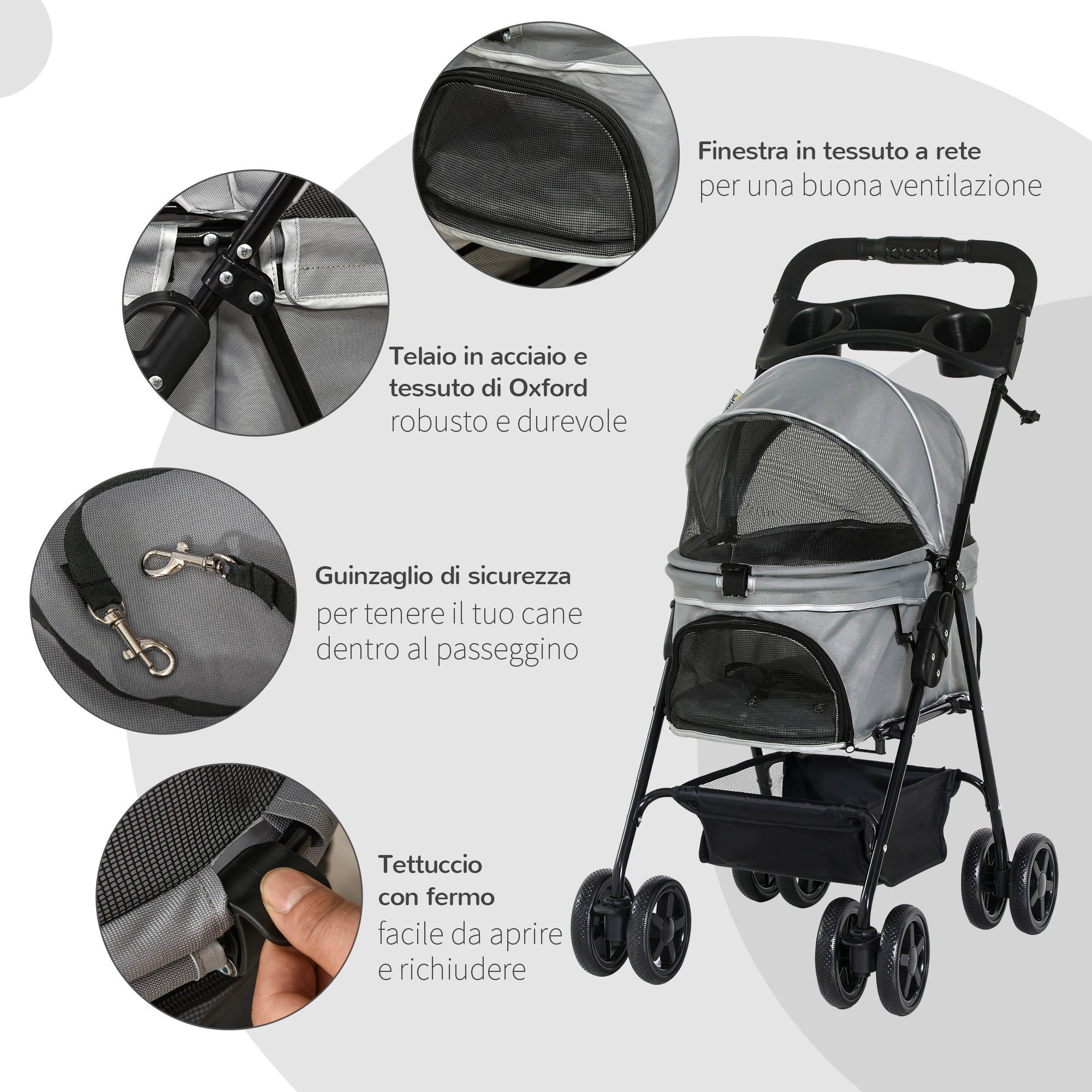 EASYCOMFORT Foldable Dog Stroller with Safety Leash and Storage Basket, Gray