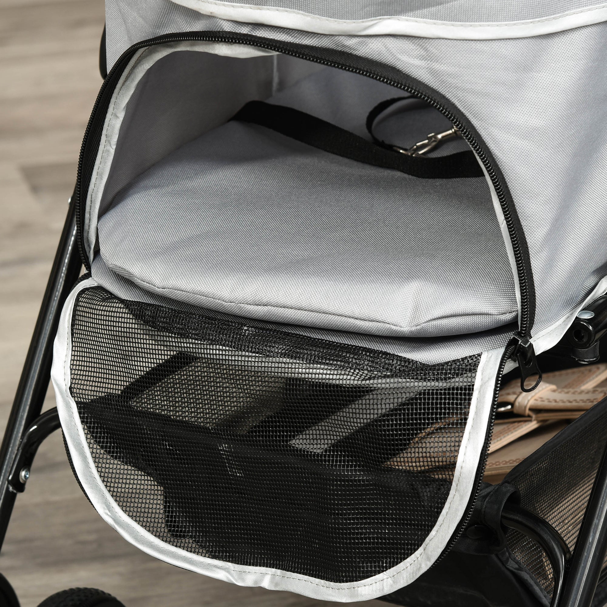 EASYCOMFORT Foldable Dog Stroller with Safety Leash and Storage Basket, Gray