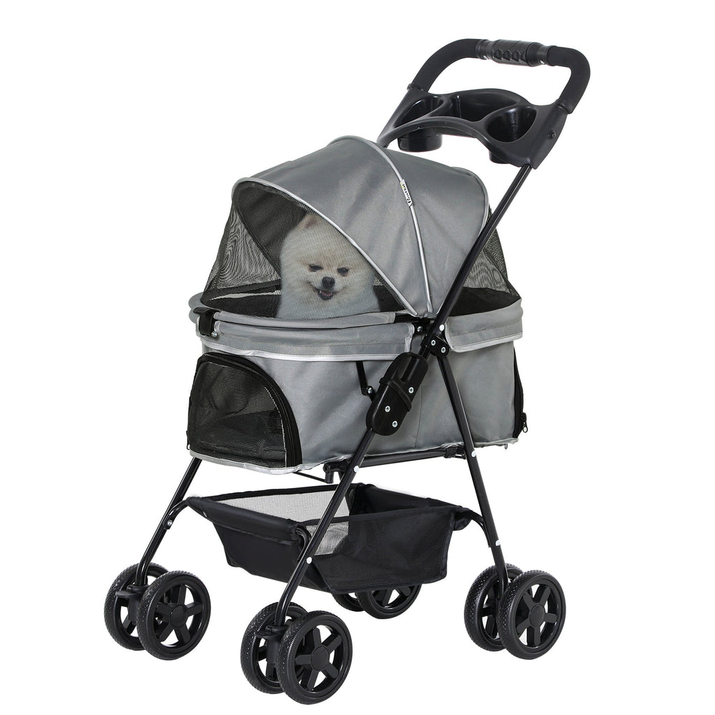 EASYCOMFORT Foldable Dog Stroller with Safety Leash and Storage Basket, Gray