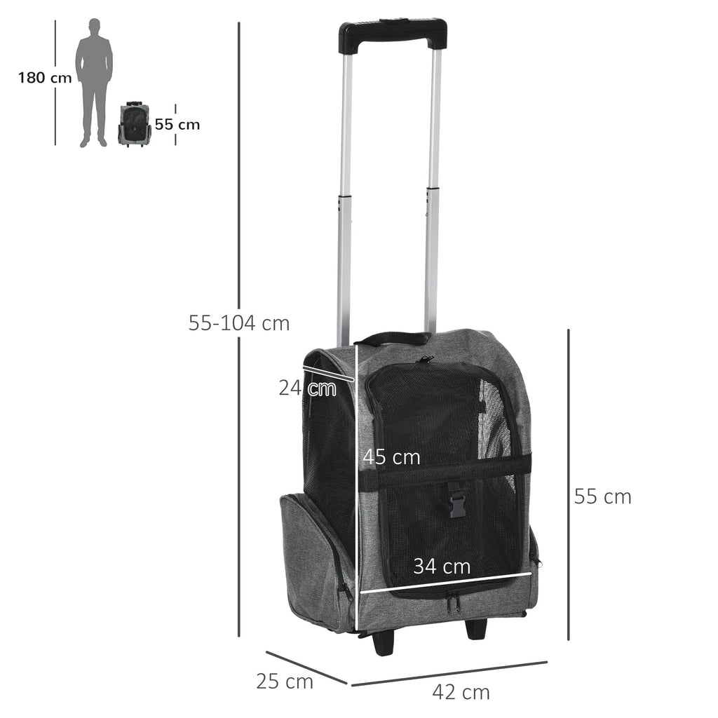 EASYCOMFORT 2 in 1 Backpack Carrier for Dogs and Cats with Side Pockets, Telescopic Handle and Wheels, 42x25x55cm, Gray