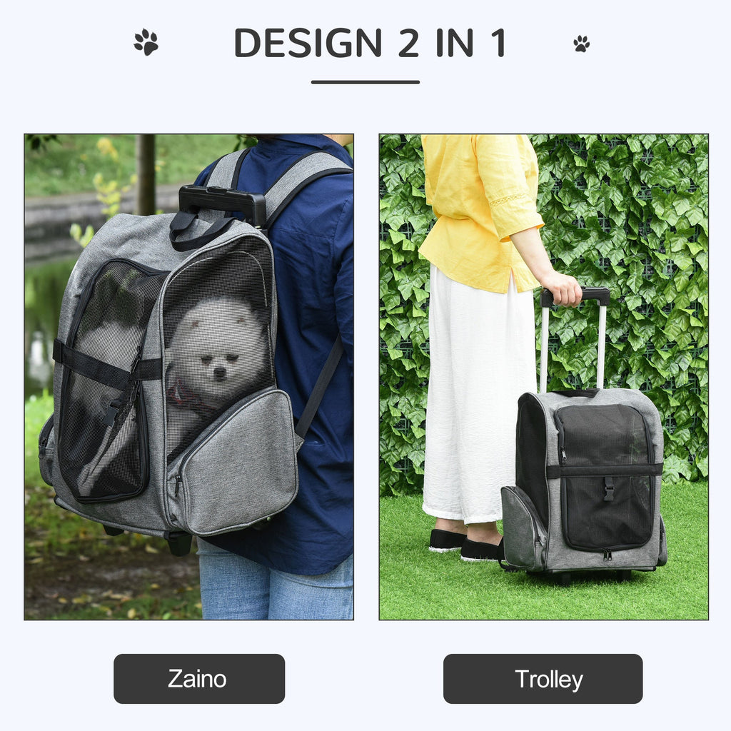 EASYCOMFORT 2 in 1 Backpack Carrier for Dogs and Cats with Side Pockets, Telescopic Handle and Wheels, 42x25x55cm, Gray