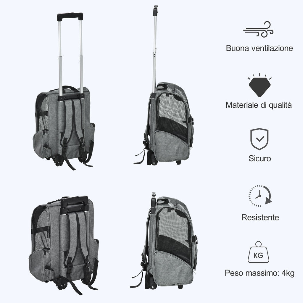 EASYCOMFORT 2 in 1 Backpack Carrier for Dogs and Cats with Side Pockets, Telescopic Handle and Wheels, 42x25x55cm, Gray