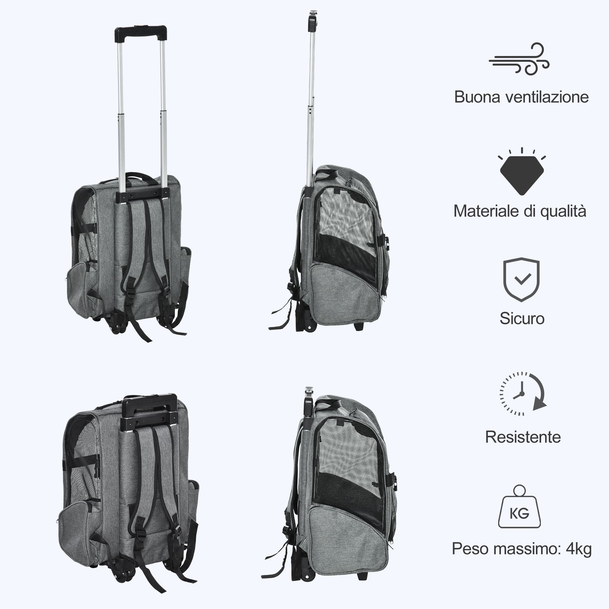 EASYCOMFORT 2 in 1 Backpack Carrier for Dogs and Cats with Side Pockets, Telescopic Handle and Wheels, 42x25x55cm, Gray