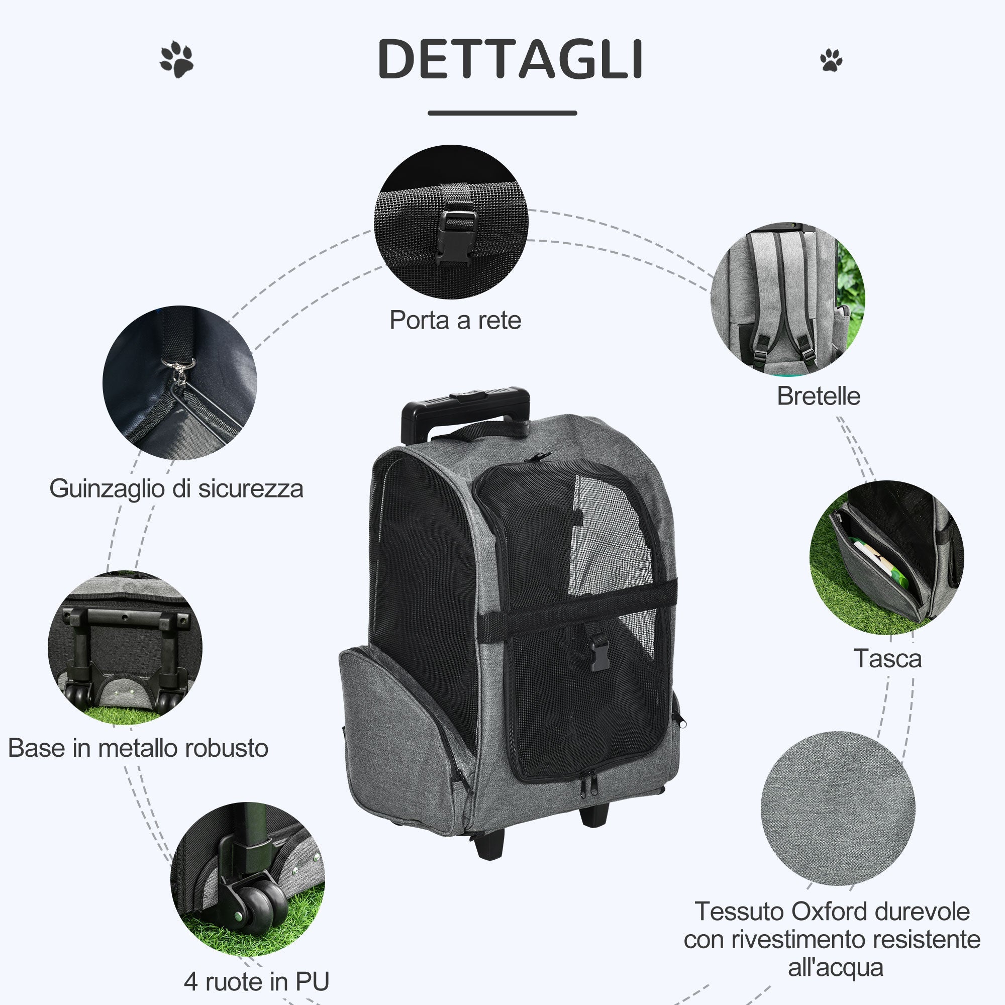 EASYCOMFORT 2 in 1 Backpack Carrier for Dogs and Cats with Side Pockets, Telescopic Handle and Wheels, 42x25x55cm, Gray