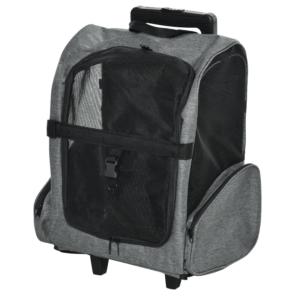 EASYCOMFORT 2 in 1 Backpack Carrier for Dogs and Cats with Side Pockets, Telescopic Handle and Wheels, 42x25x55cm, Gray