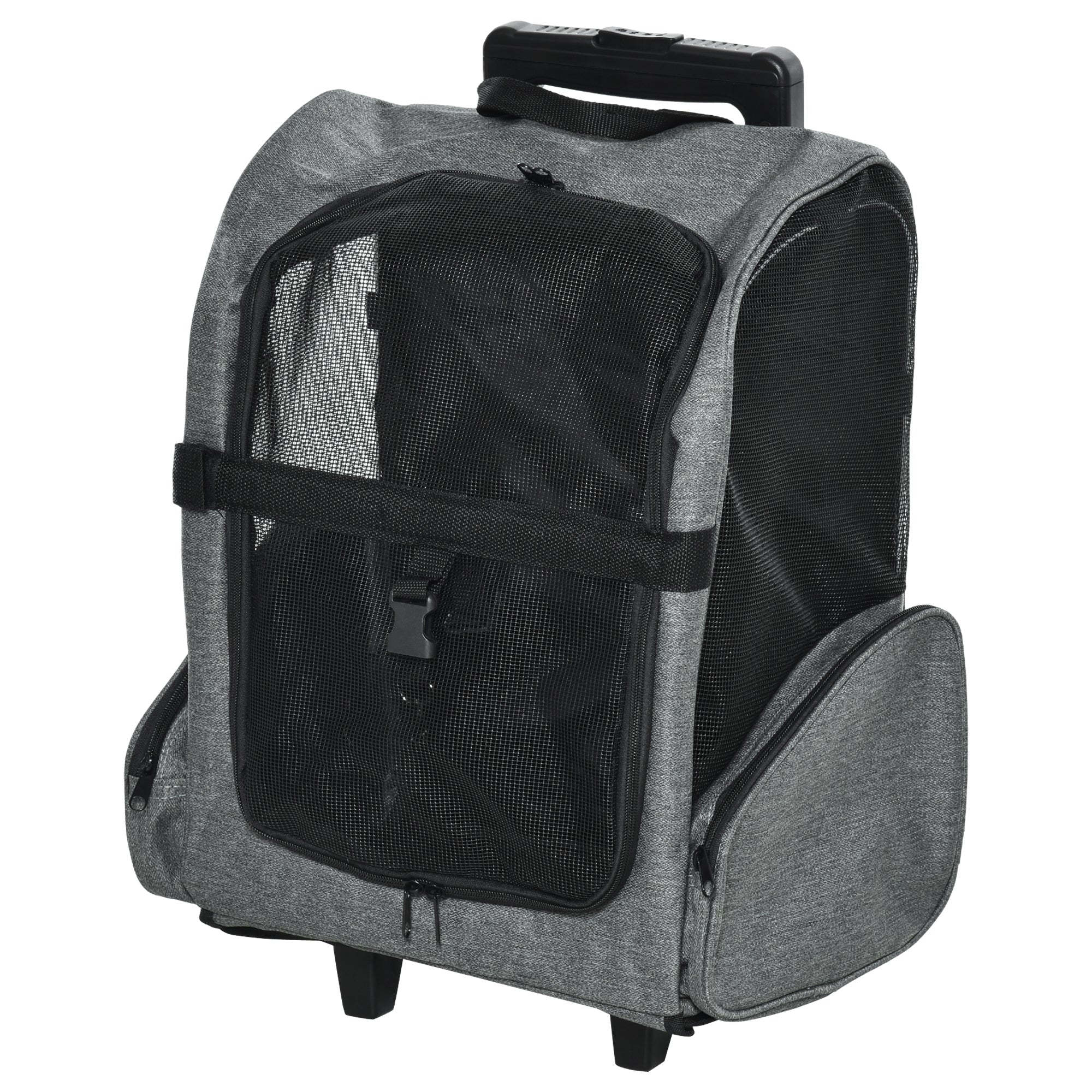 EASYCOMFORT 2 in 1 Backpack Carrier for Dogs and Cats with Side Pockets, Telescopic Handle and Wheels, 42x25x55cm, Gray