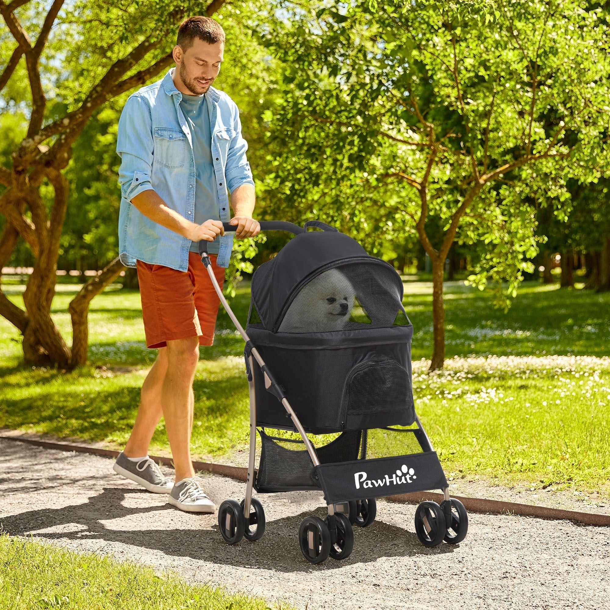 EASYCOMFORT Foldable Dog Stroller with Removable Carrier and Canopy, 82x49.5x98cm, Black
