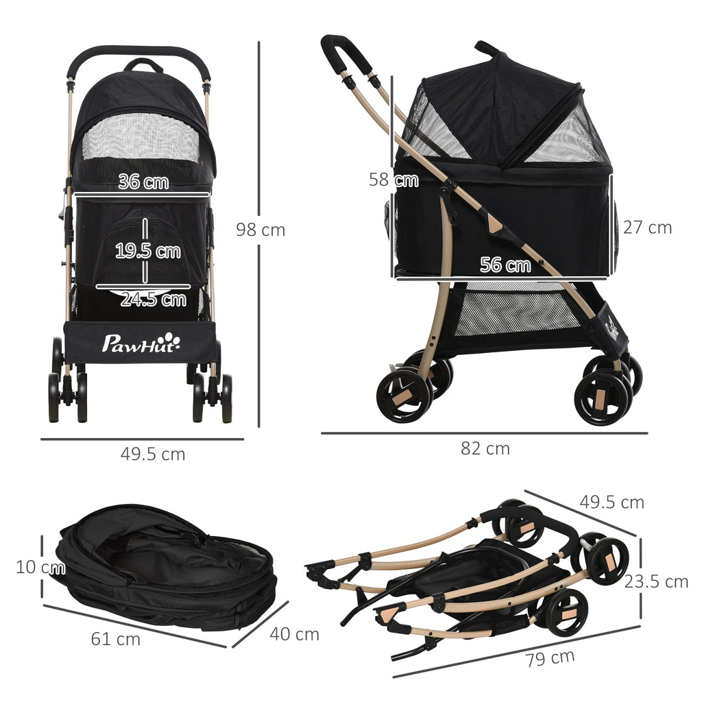 EASYCOMFORT Foldable Dog Stroller with Removable Carrier and Canopy, 82x49.5x98cm, Black