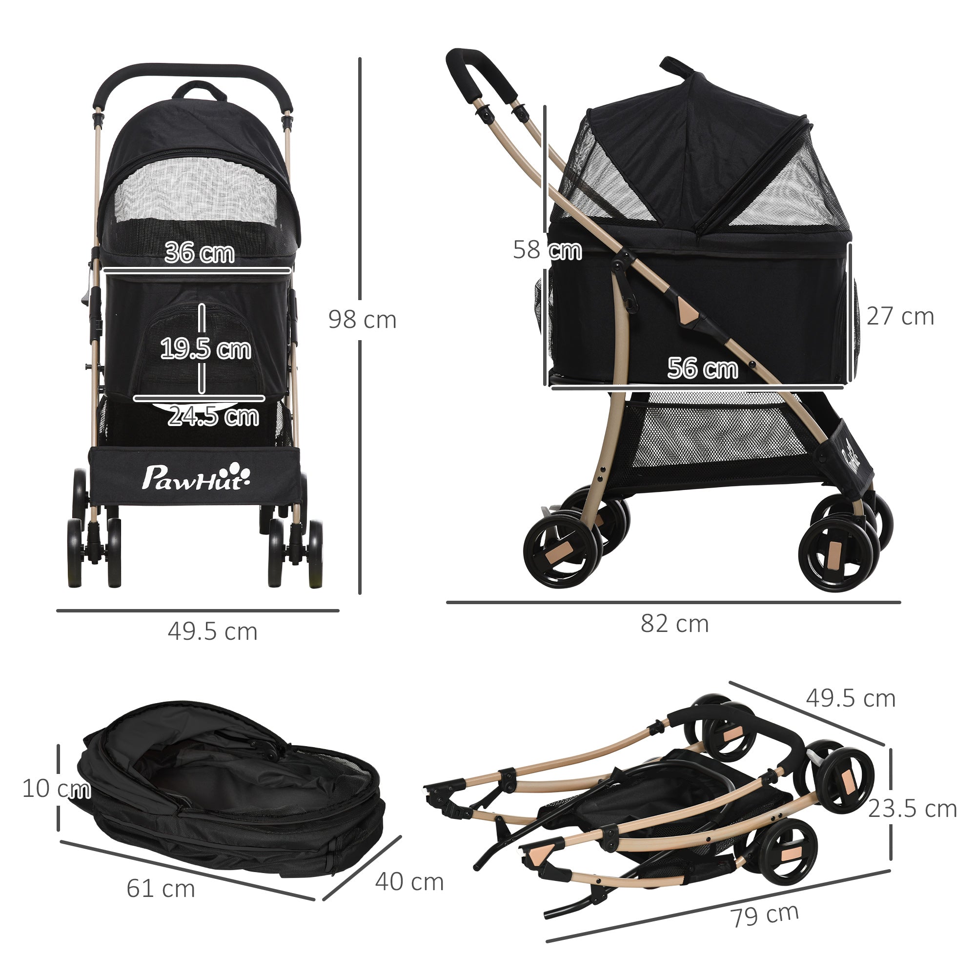 EASYCOMFORT Foldable Dog Stroller with Removable Carrier and Canopy, 82x49.5x98cm, Black