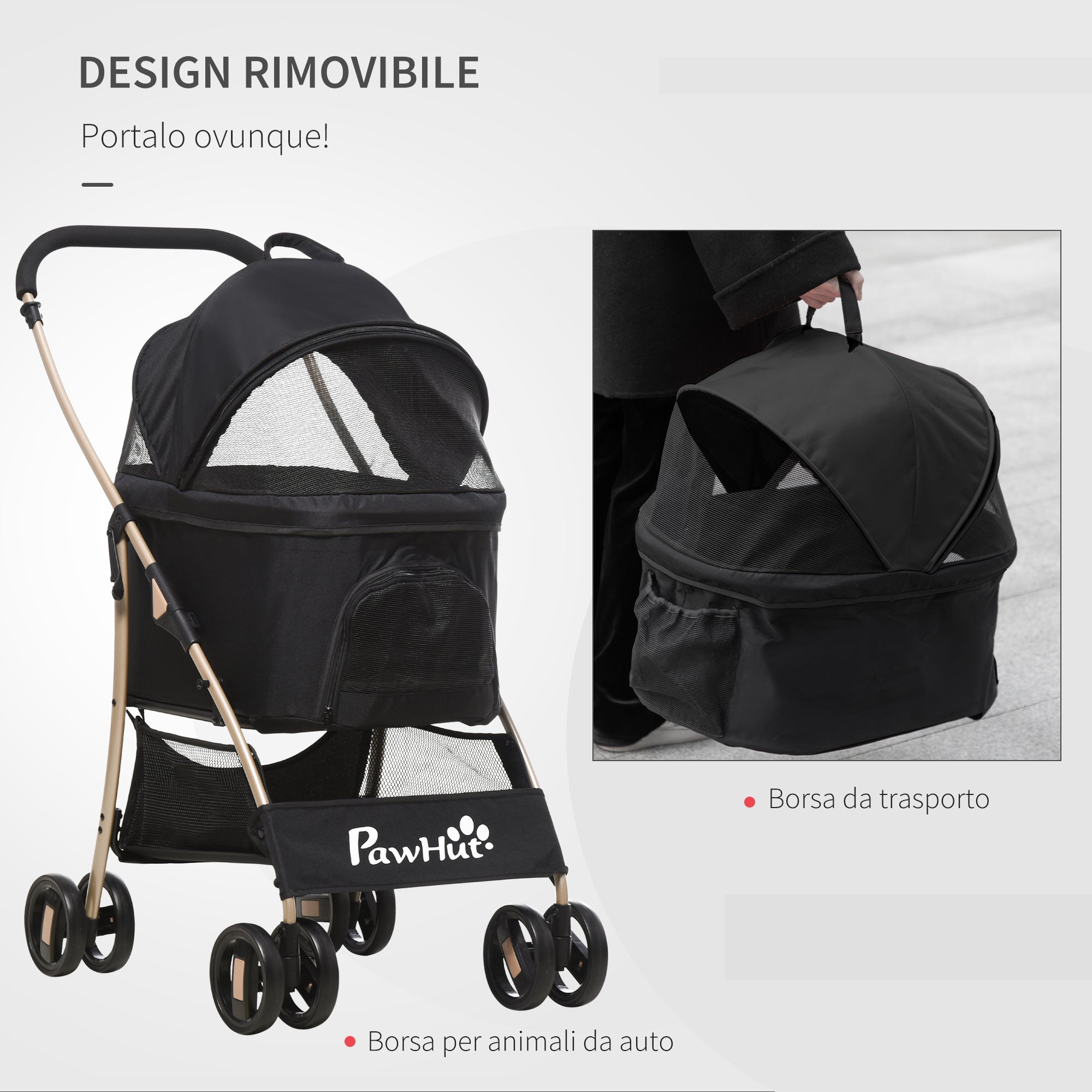 EASYCOMFORT Foldable Dog Stroller with Removable Carrier and Canopy, 82x49.5x98cm, Black