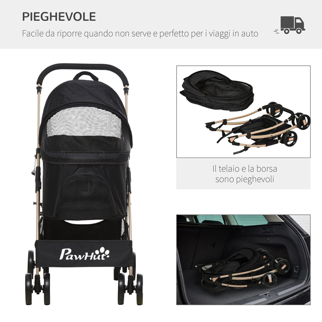 EASYCOMFORT Foldable Dog Stroller with Removable Carrier and Canopy, 82x49.5x98cm, Black